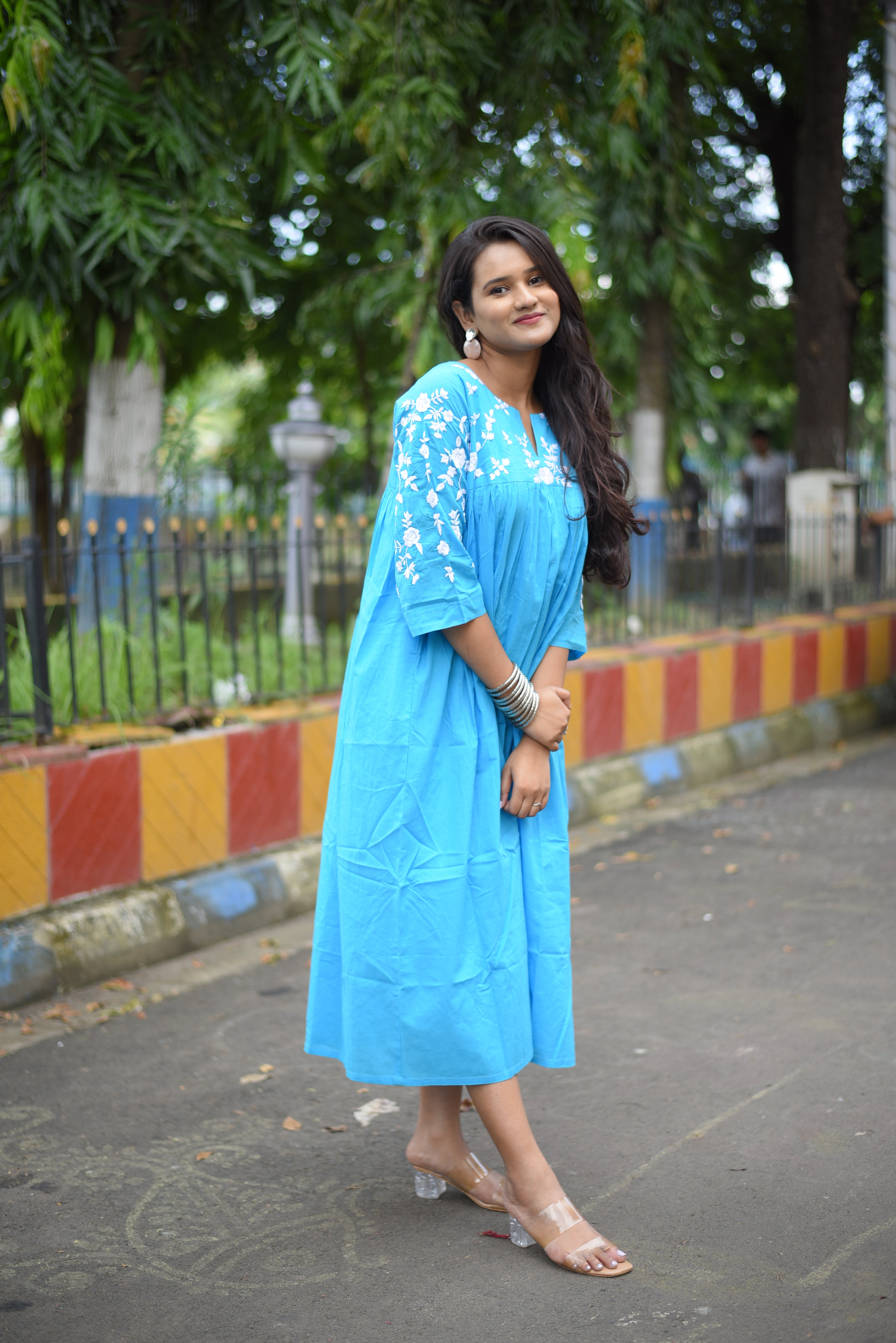 Sky Blue Colour Hand Embroidered Midi Dresses