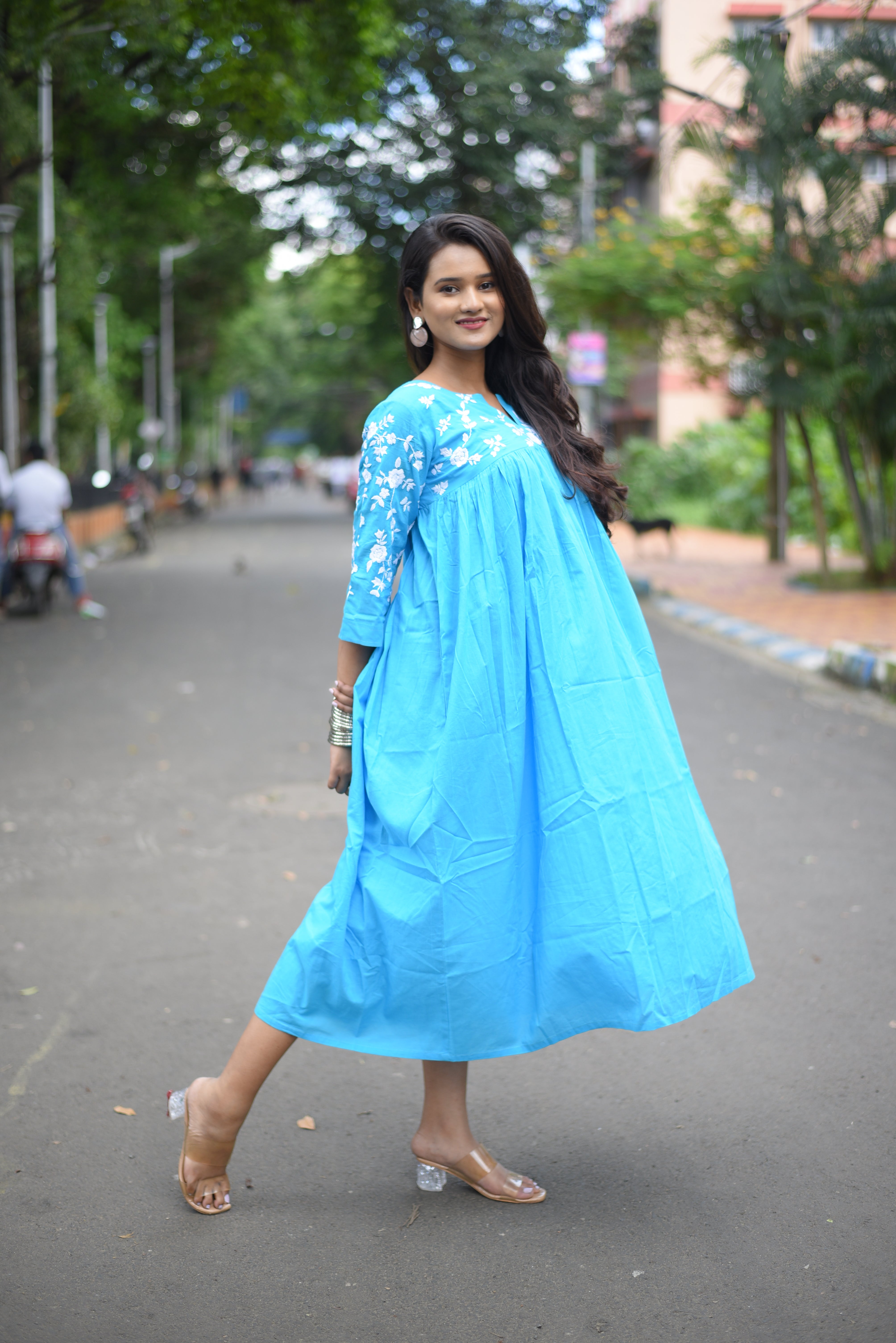 Sky Blue Colour Hand Embroidered Midi Dresses