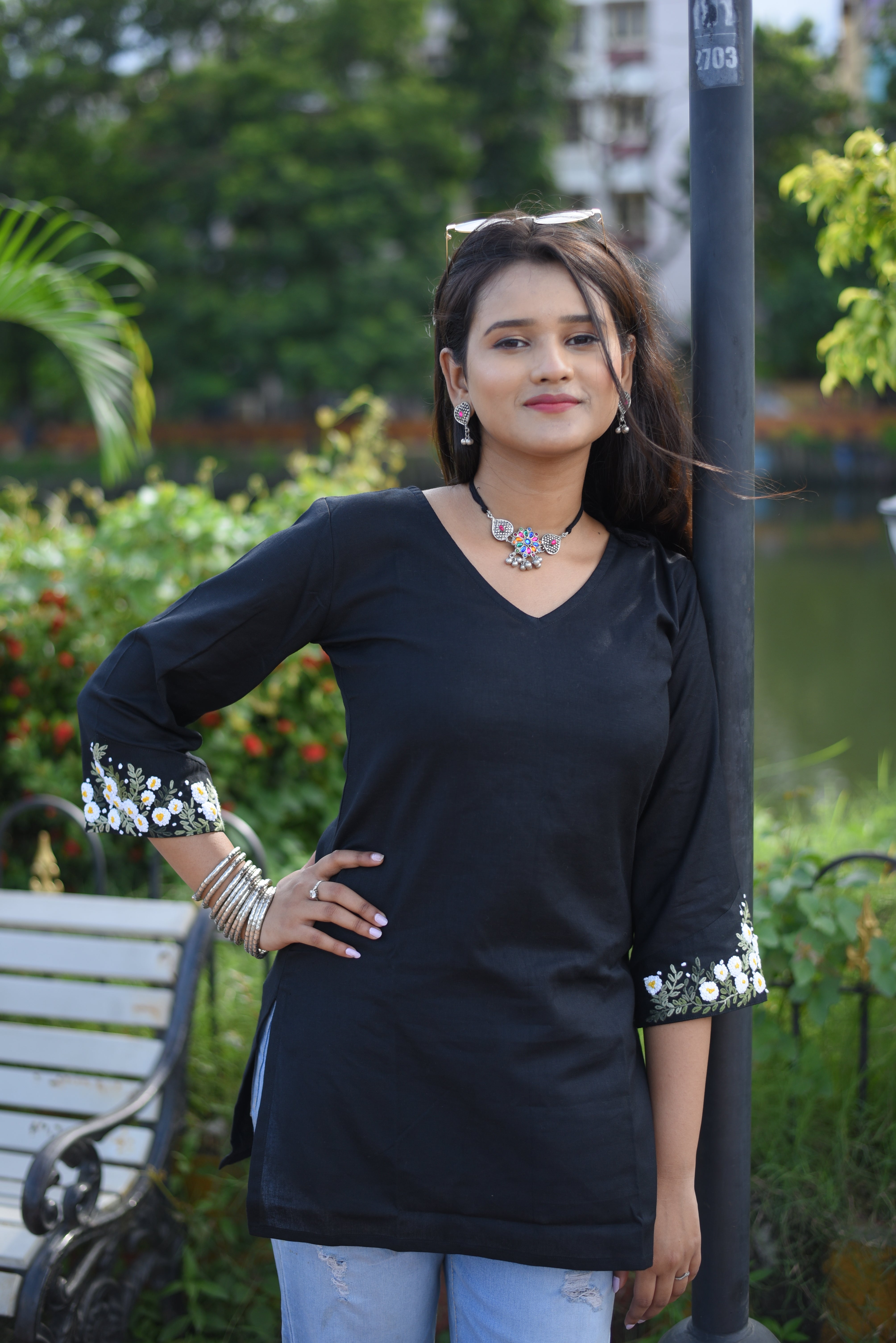 Hand Embroidery Cotton Black Kurti