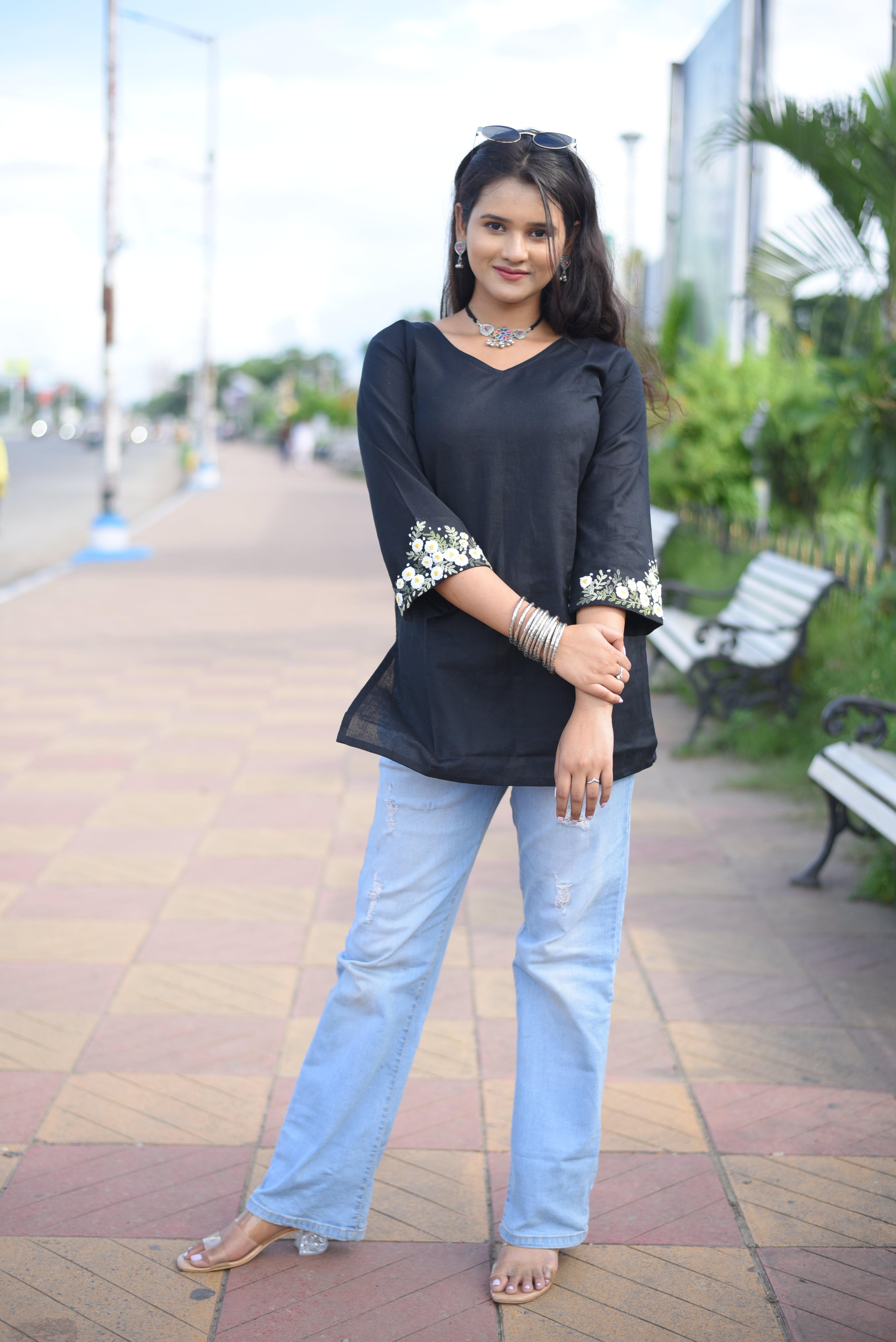 Hand Embroidery Cotton Black Kurti