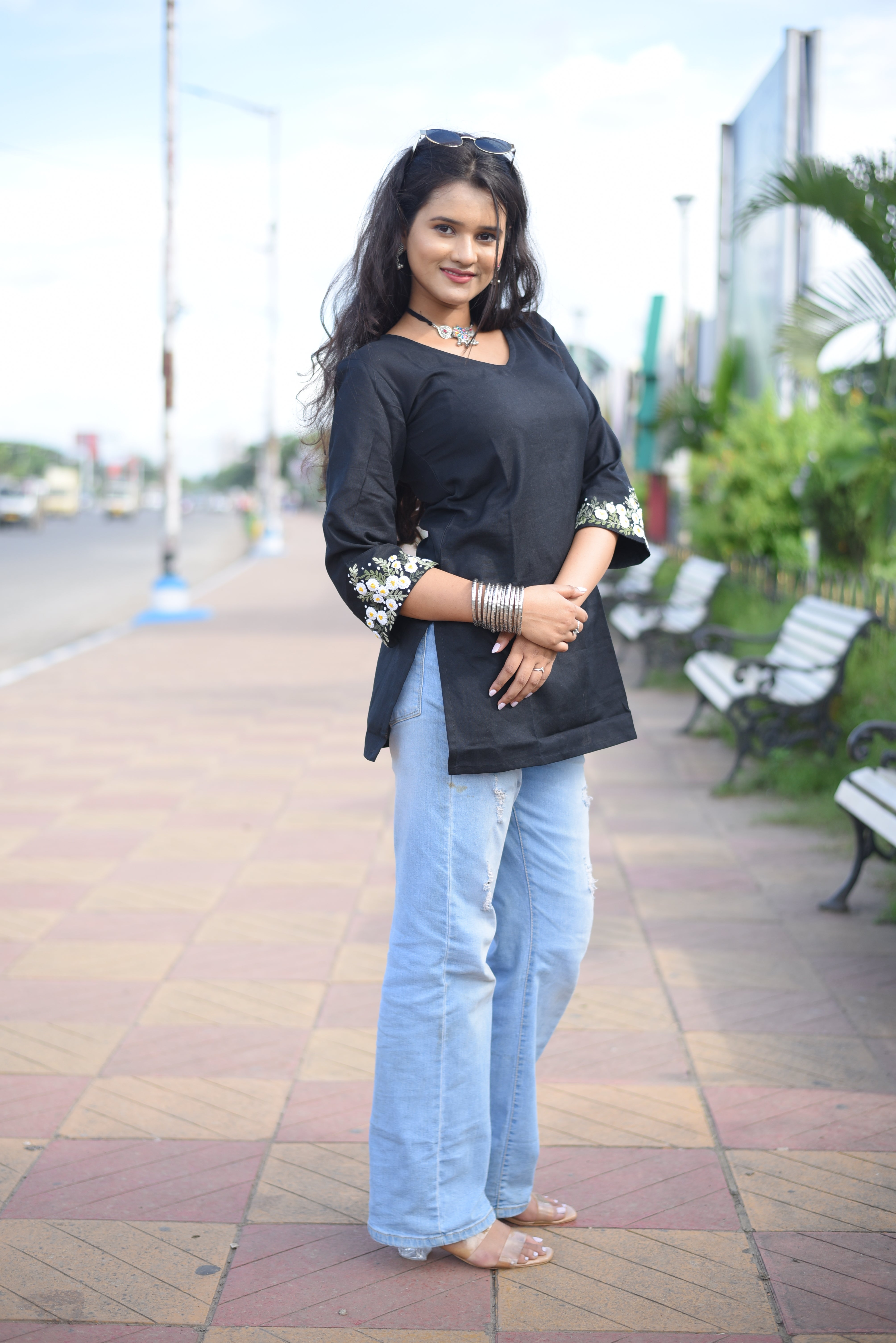 Hand Embroidery Cotton Black Kurti