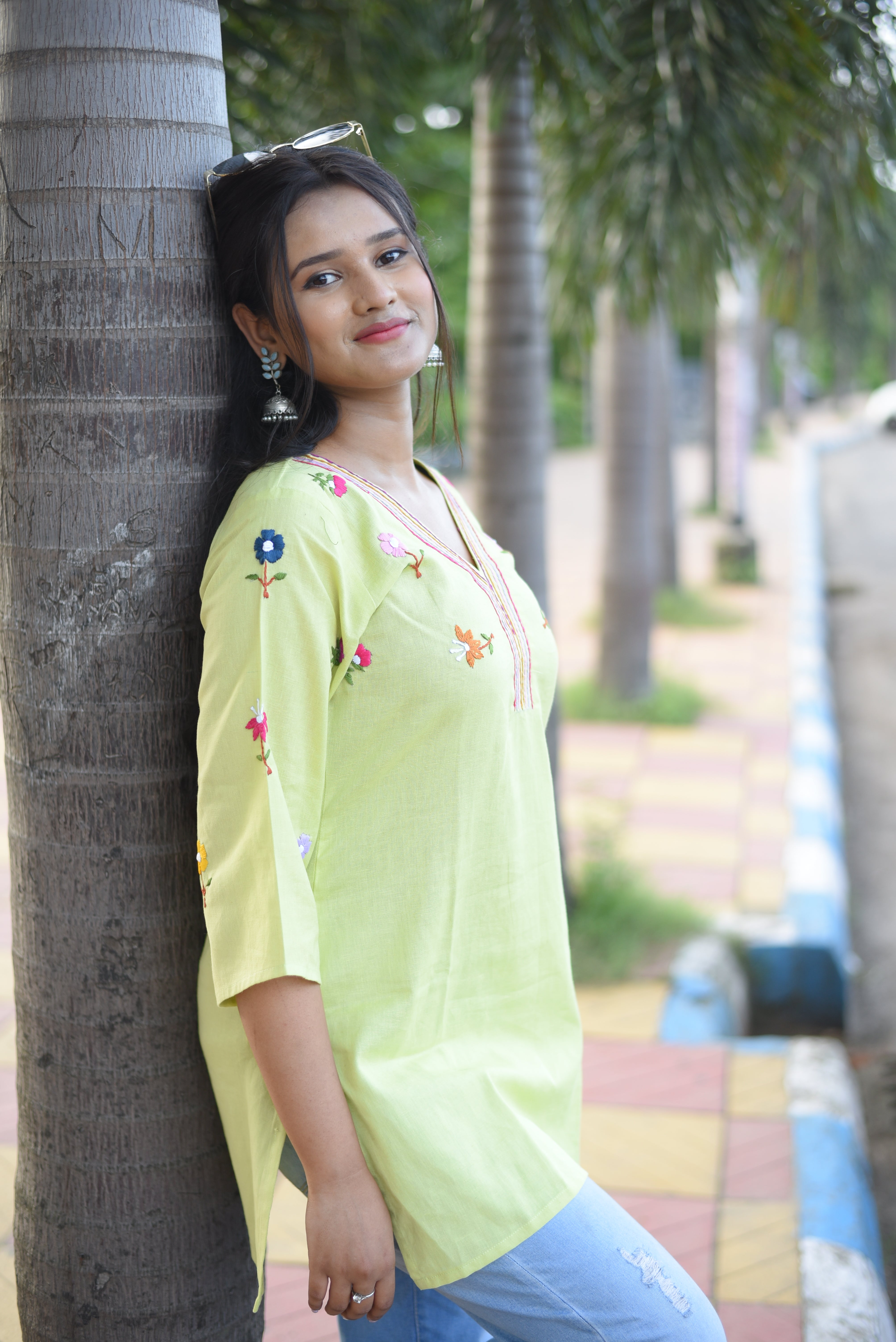 Lemon Green Colour Hand Embroidered Short Kurti