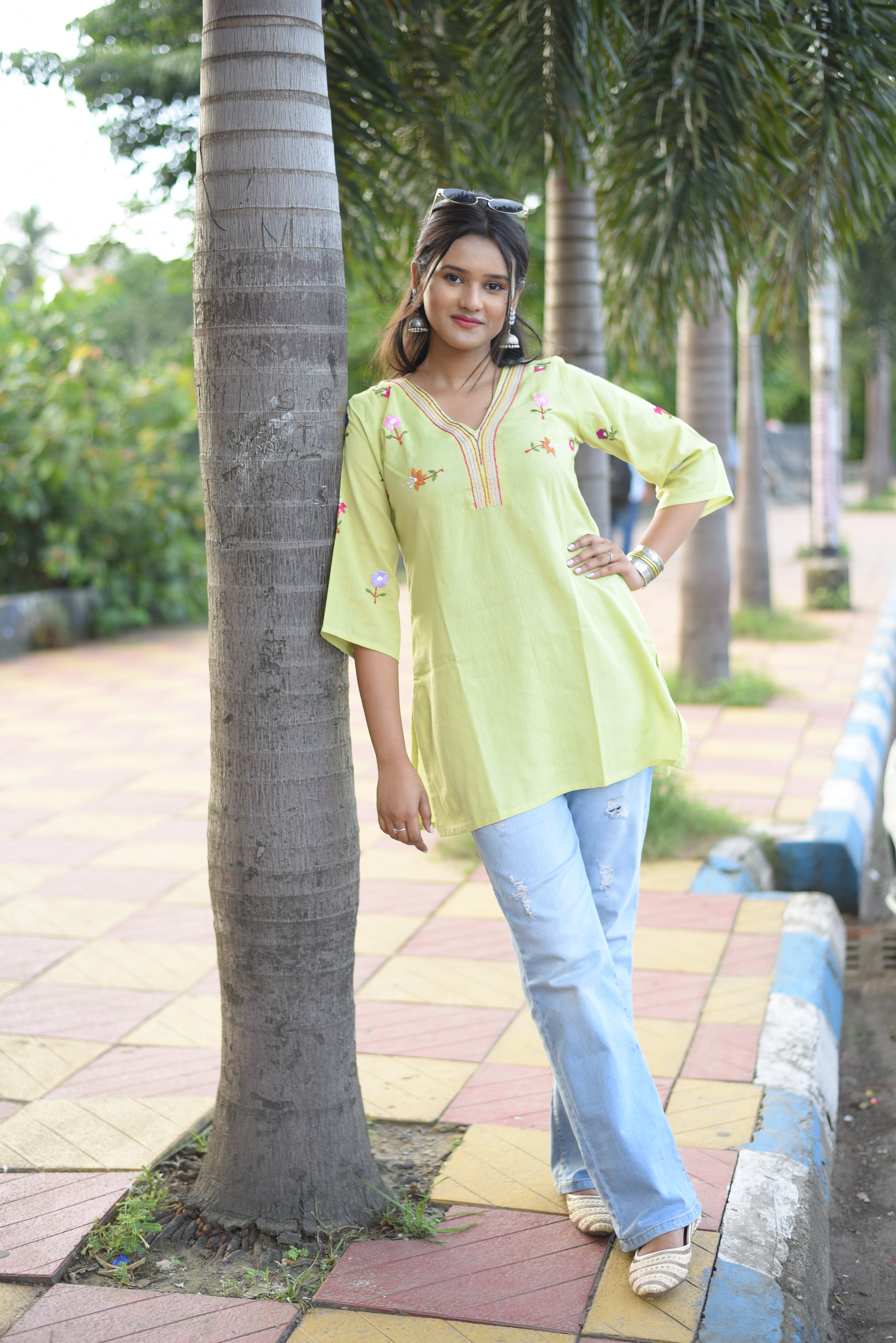 Lemon Green Colour Hand Embroidered Short Kurti