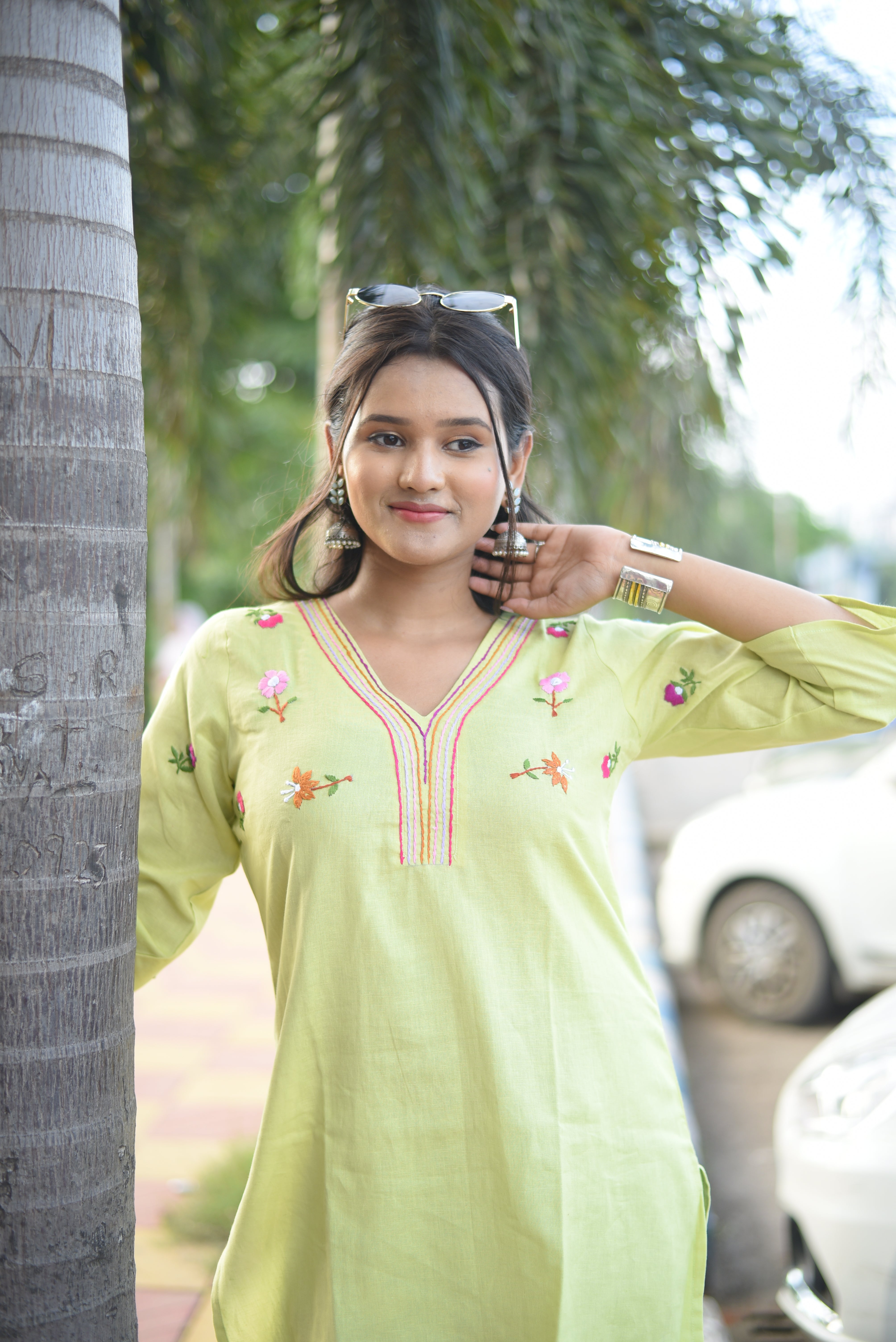 Lemon Green Colour Hand Embroidered Short Kurti