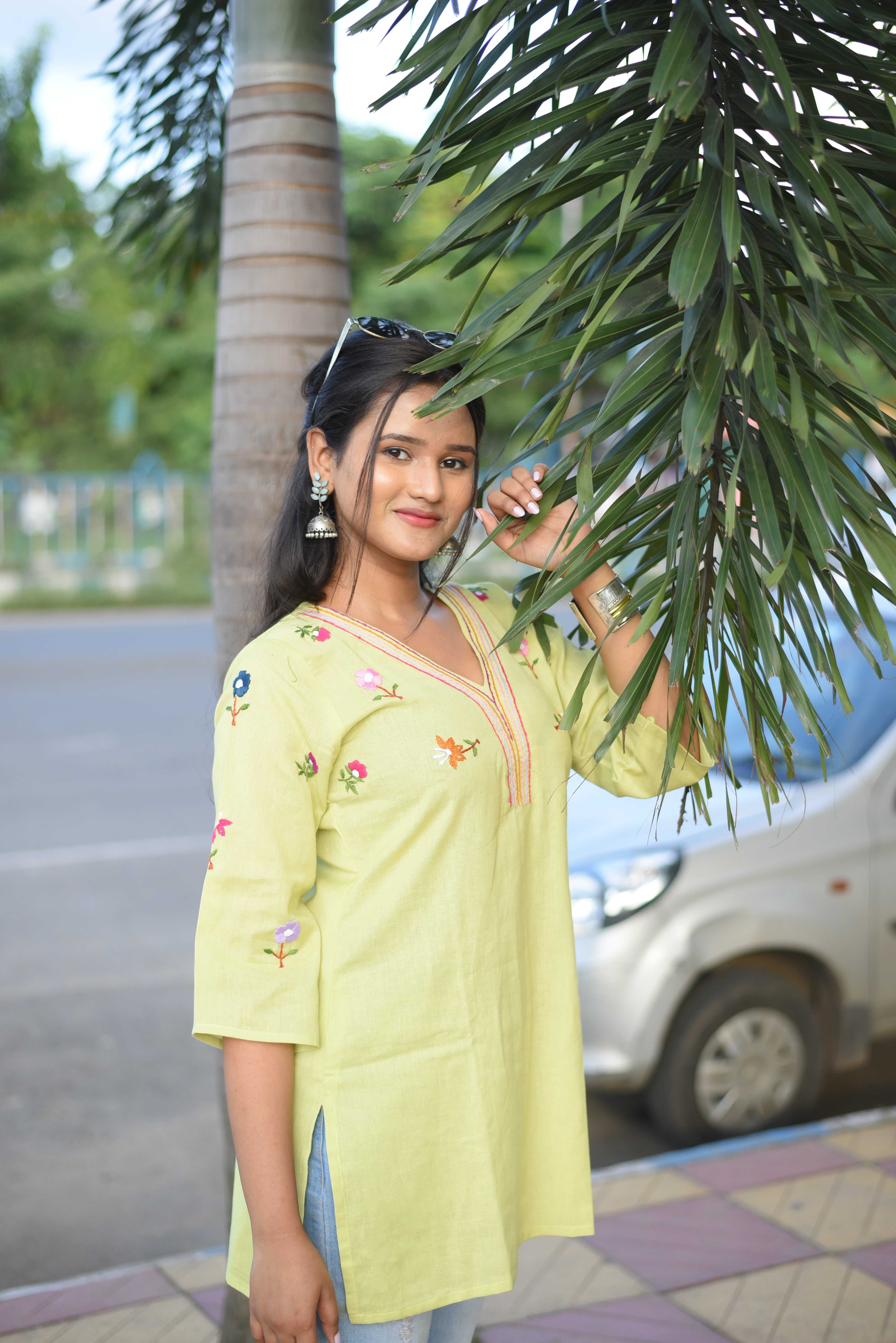 Lemon Green Colour Hand Embroidered Short Kurti