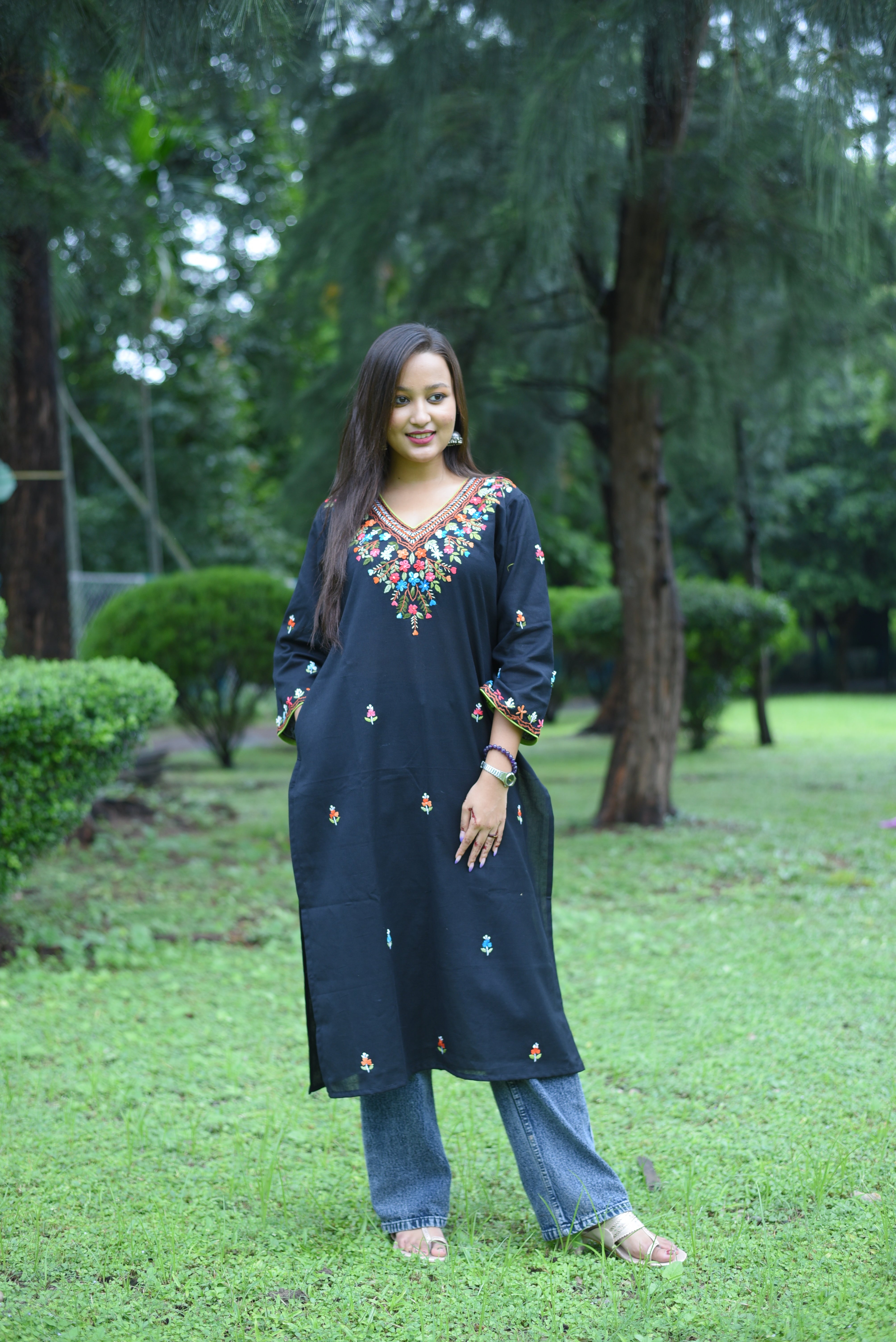 Hand Embroidery  Black Color Cotton Kurta