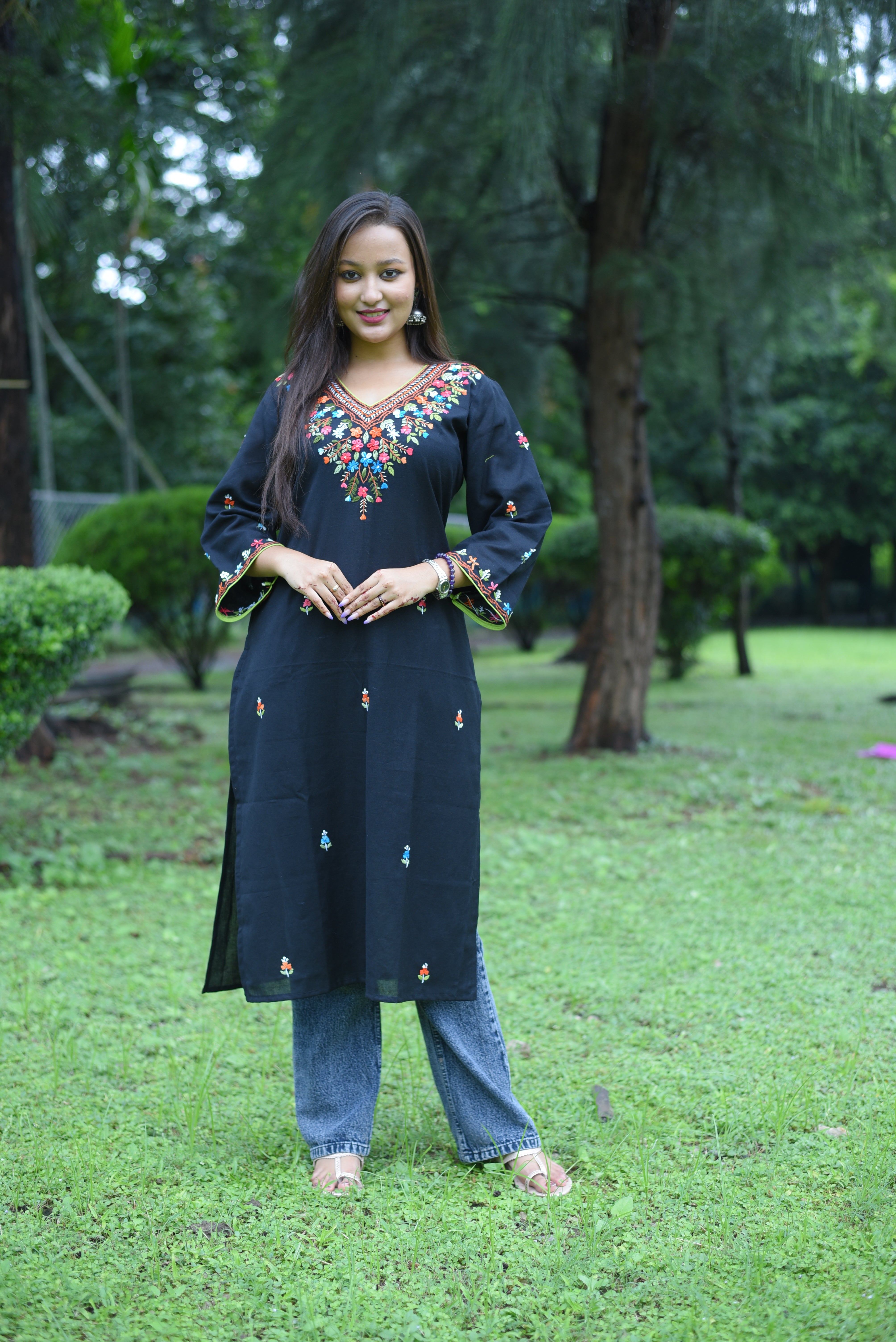 Hand Embroidery  Black Color Cotton Kurta