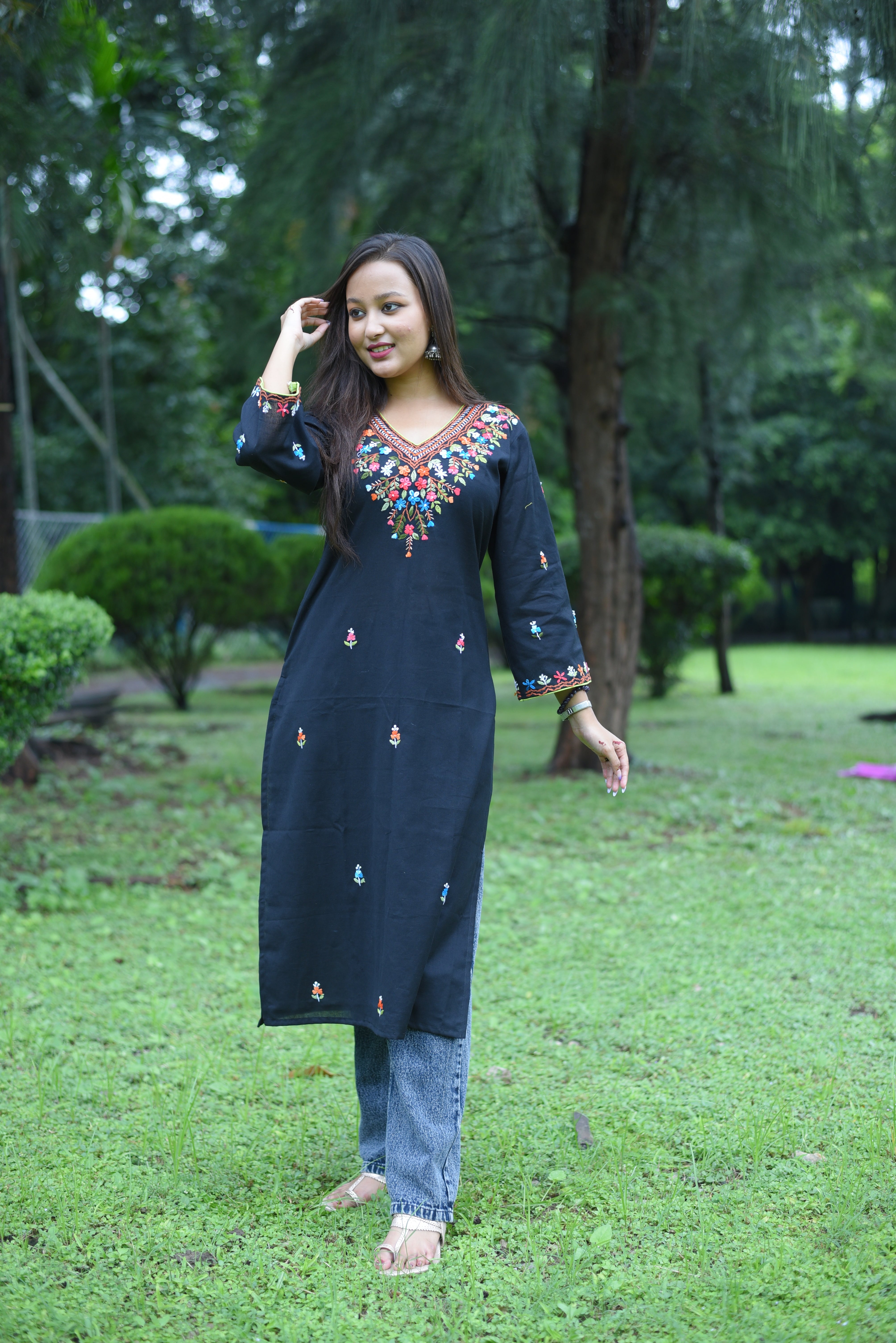 Hand Embroidery  Black Color Cotton Kurta