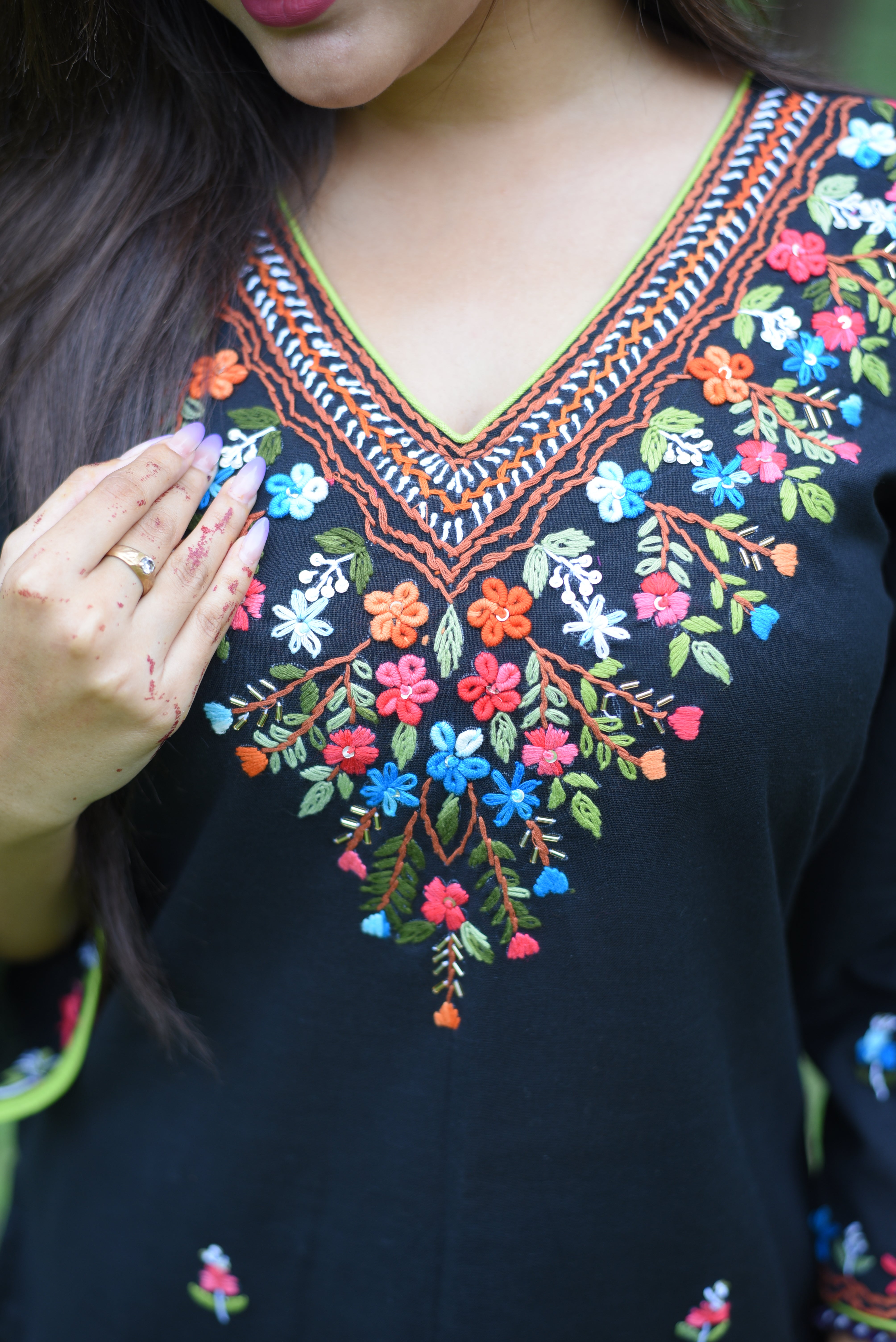 Hand Embroidery  Black Color Cotton Kurta