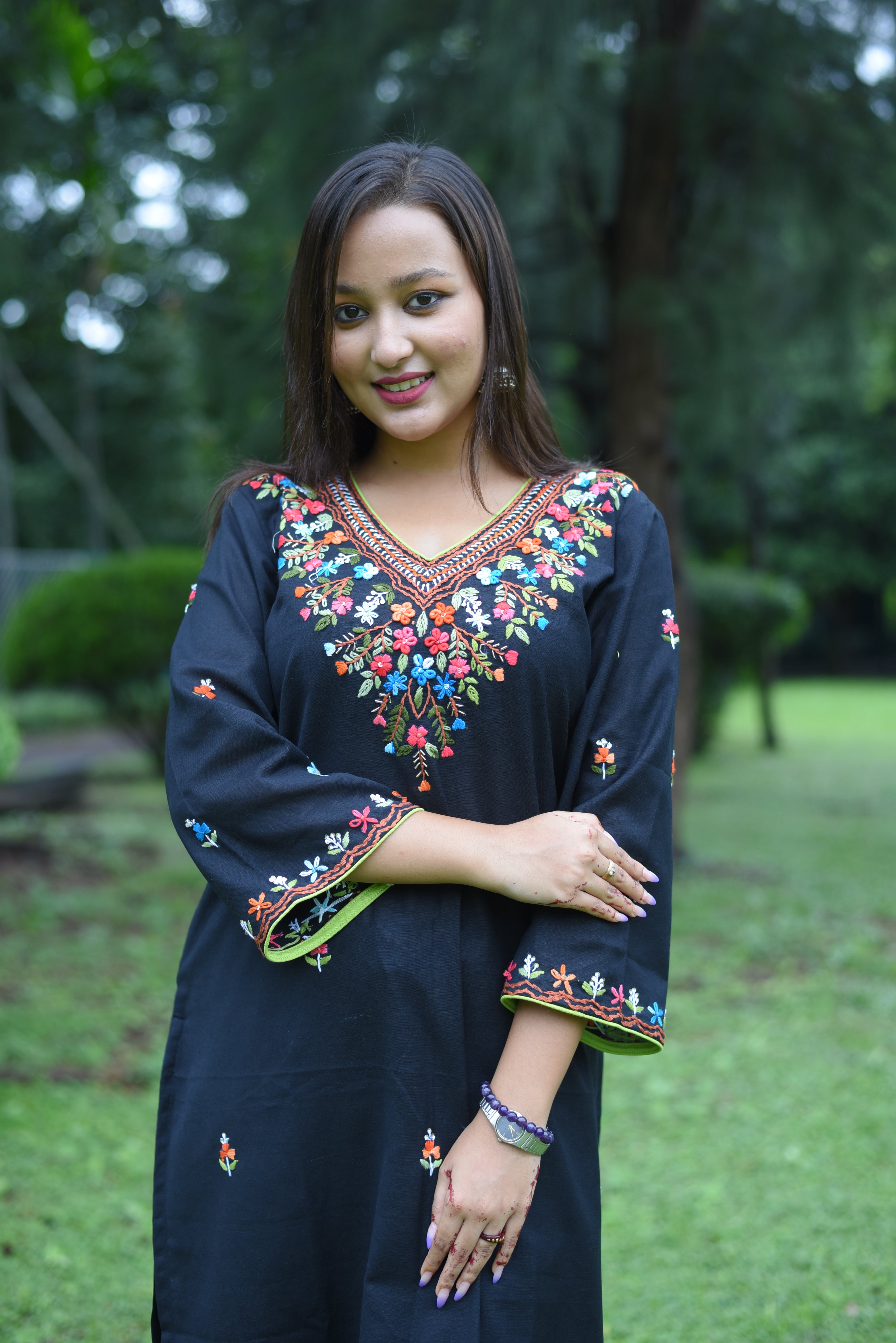 Hand Embroidery  Black Color Cotton Kurta