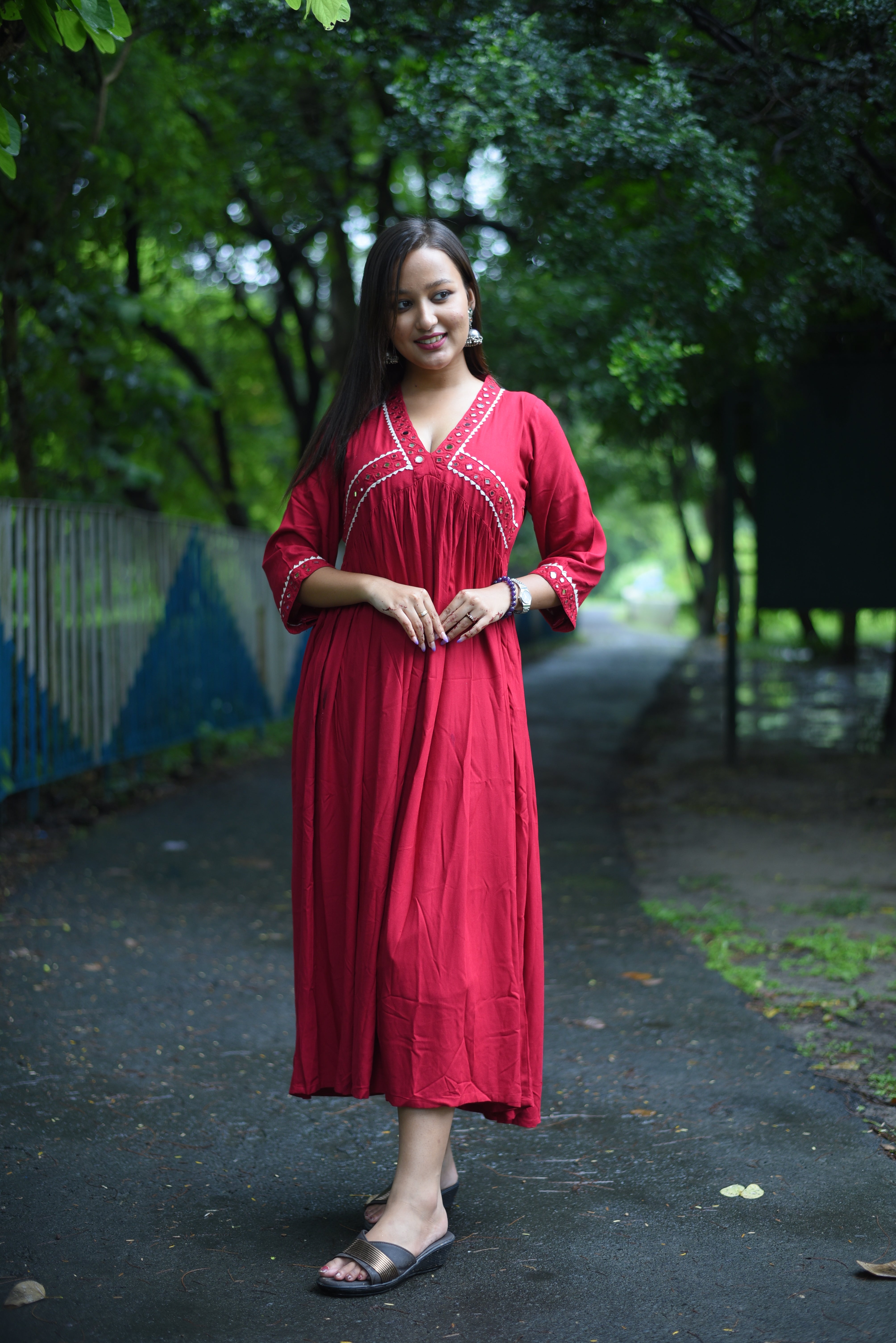Maroon Rayon Handcrafted Mirror Dress