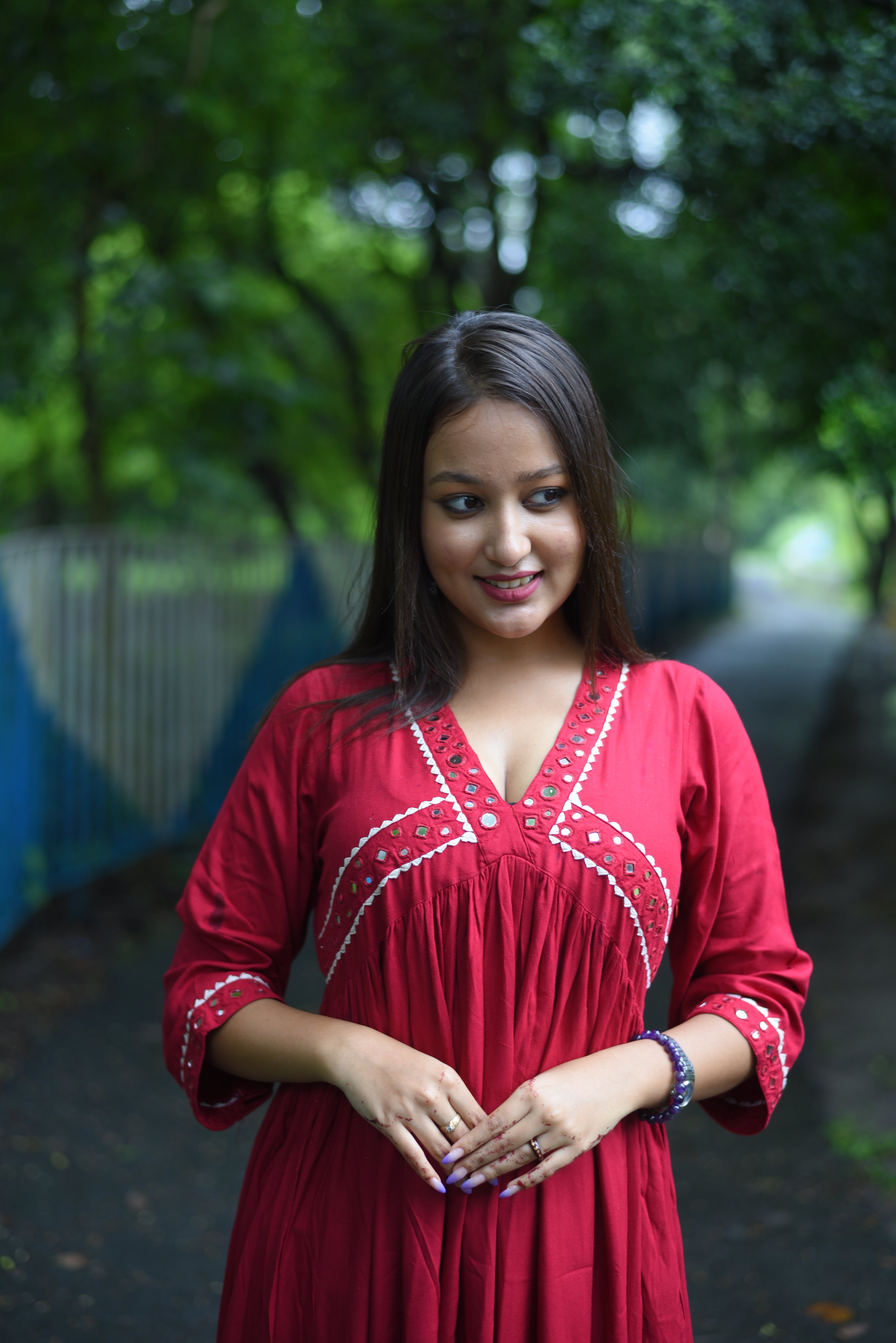 Maroon Rayon Handcrafted Mirror Dress