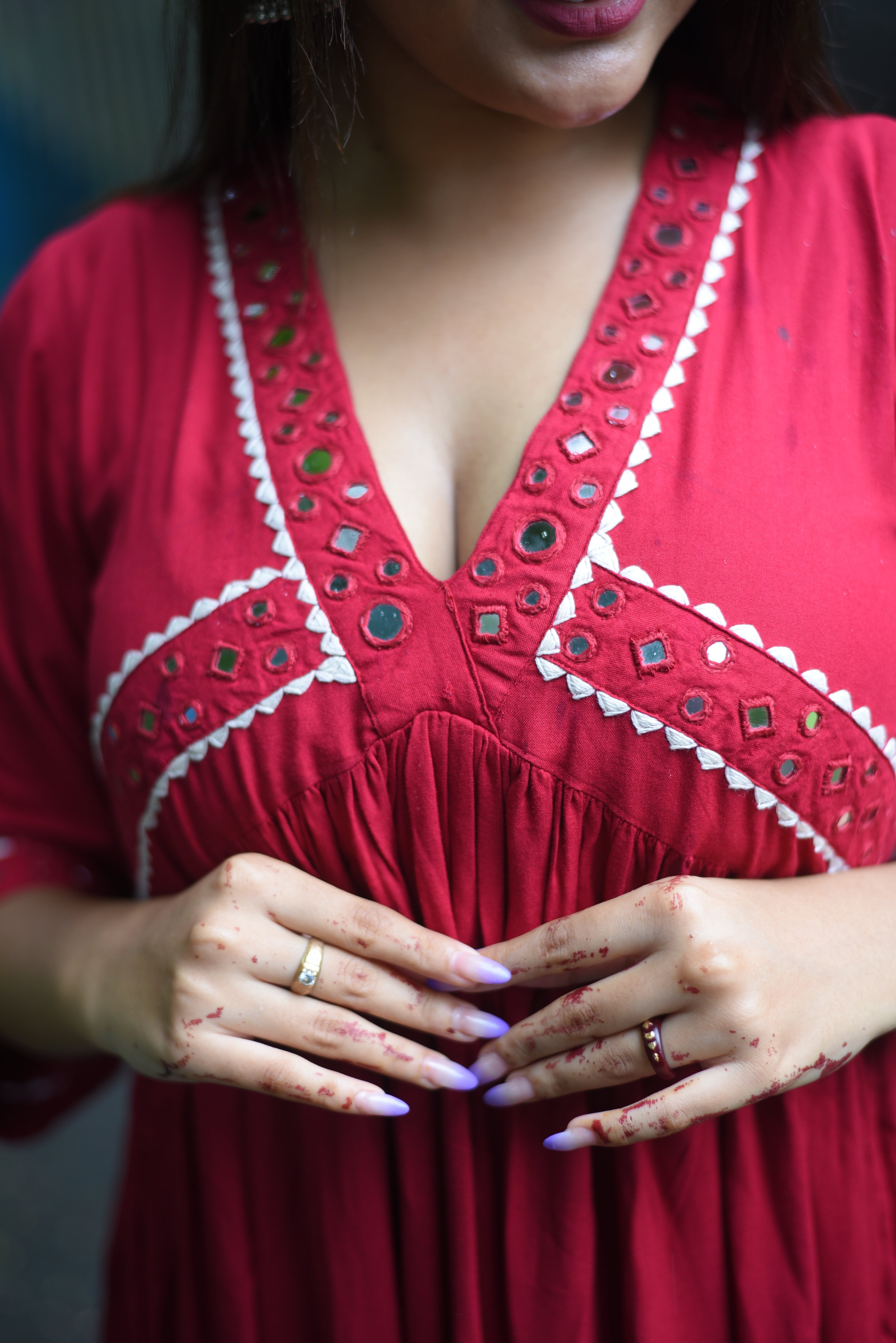 Maroon Rayon Handcrafted Mirror Dress