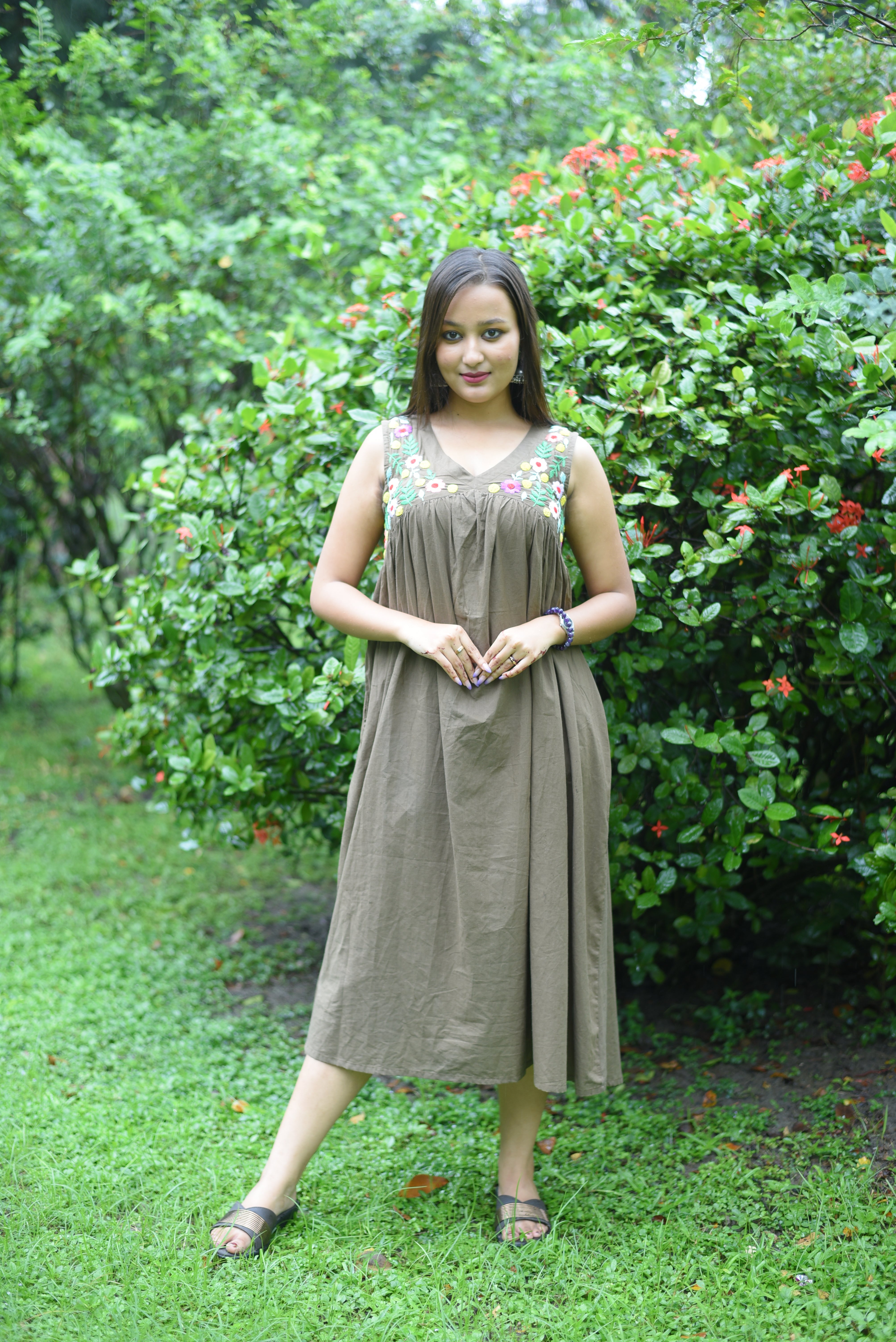 Hand Embroidered Olive Colour Cotton Midi Dress