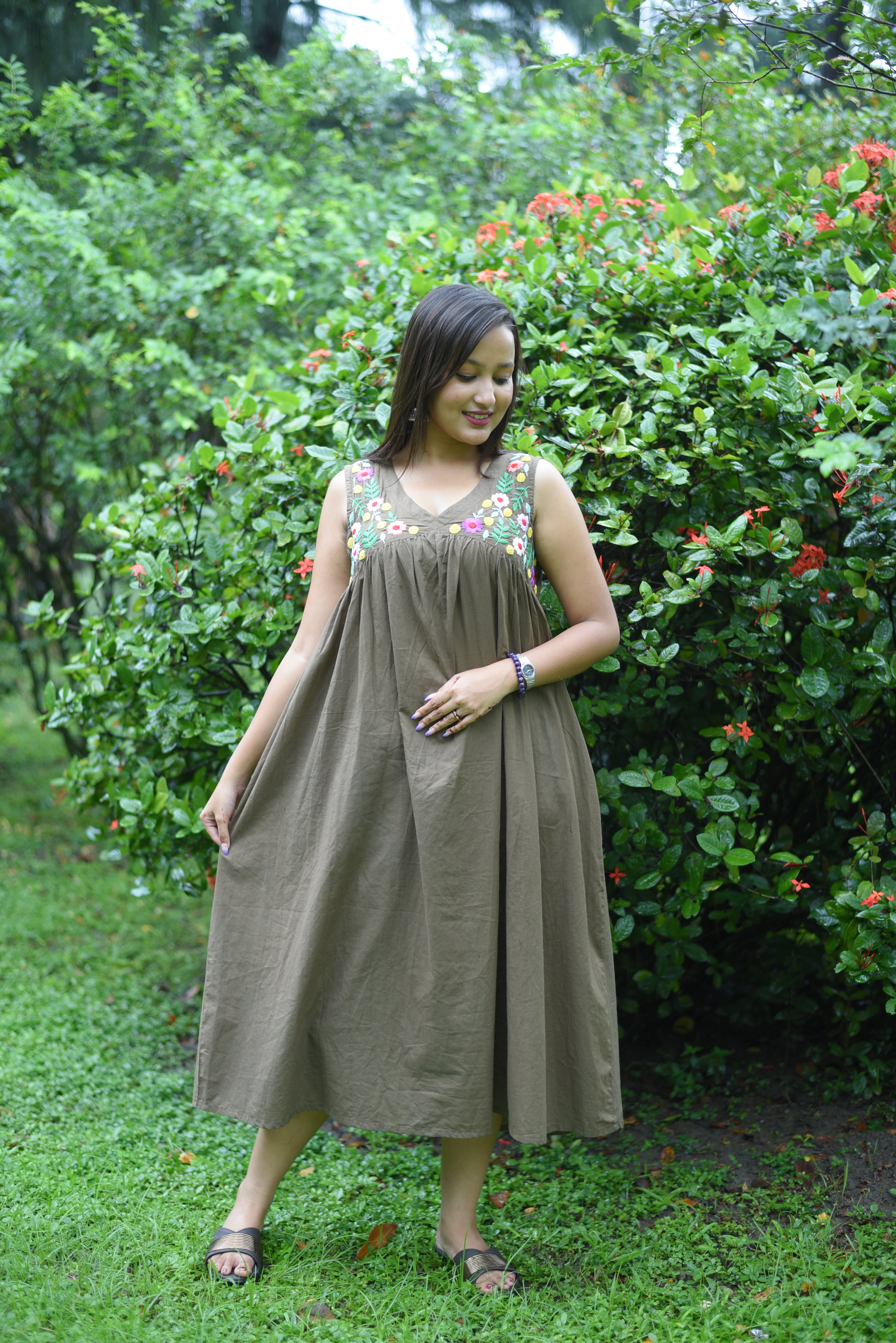 Hand Embroidered Olive Colour Cotton Midi Dress