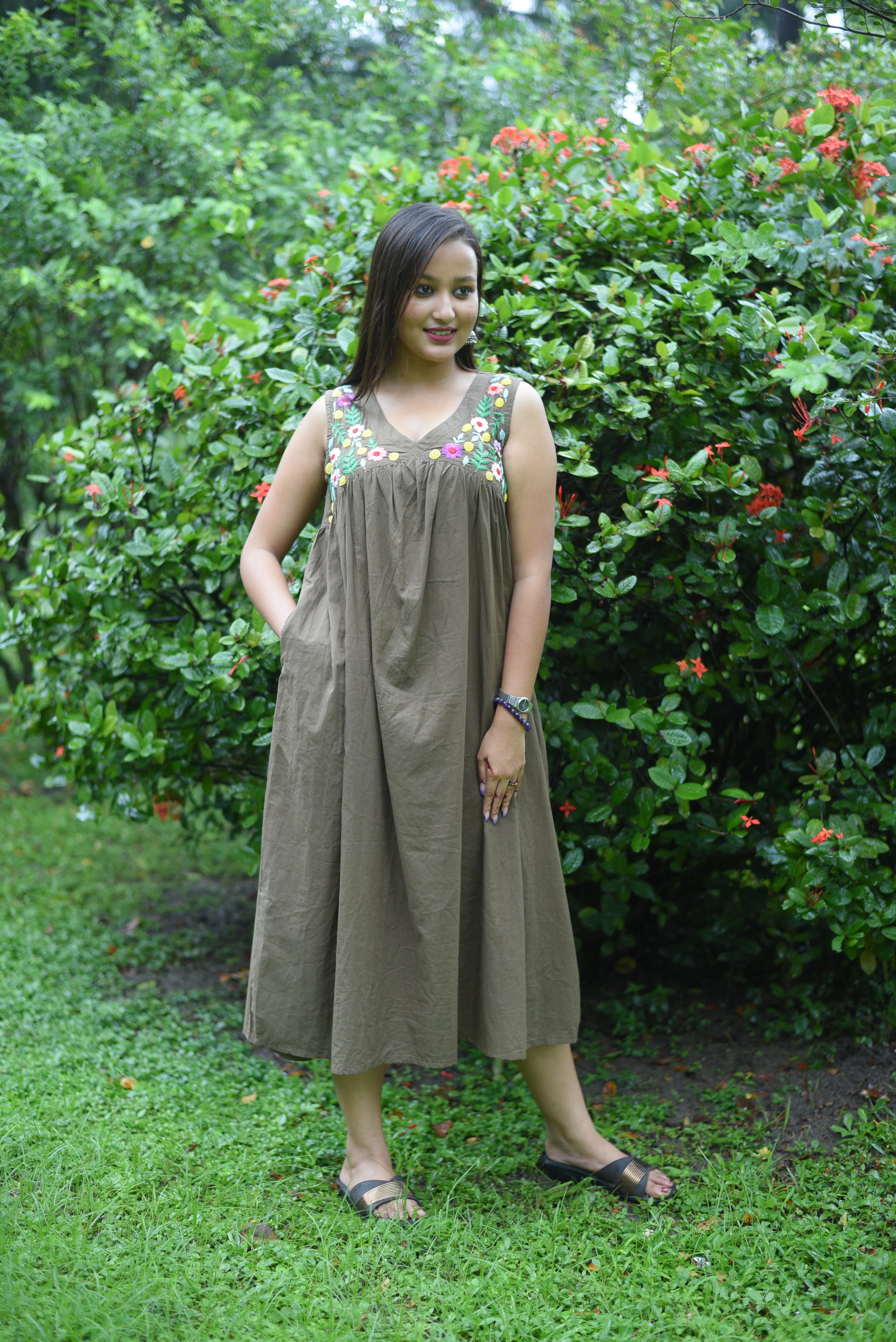Hand Embroidered Olive Colour Cotton Midi Dress
