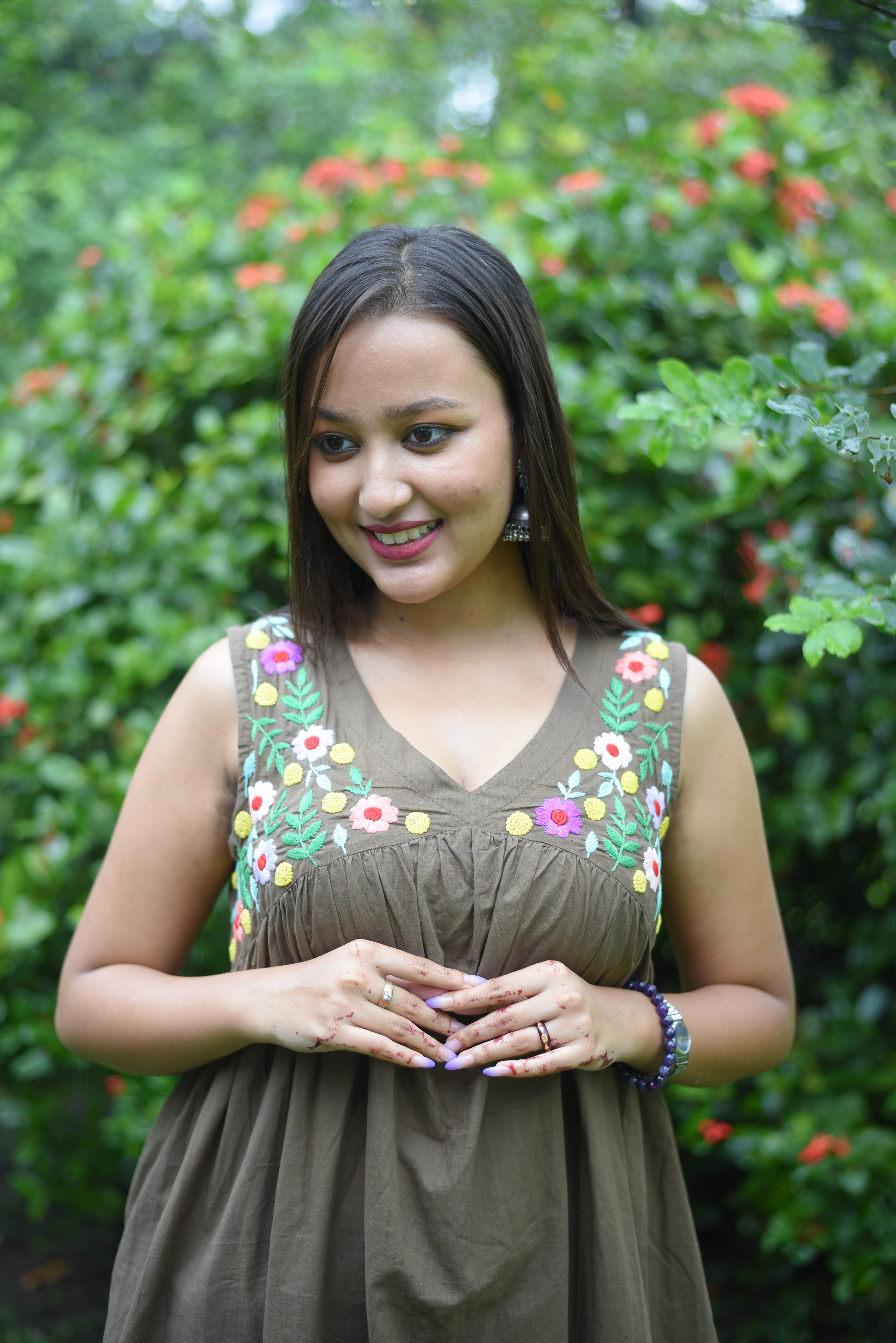 Hand Embroidered Olive Colour Cotton Midi Dress