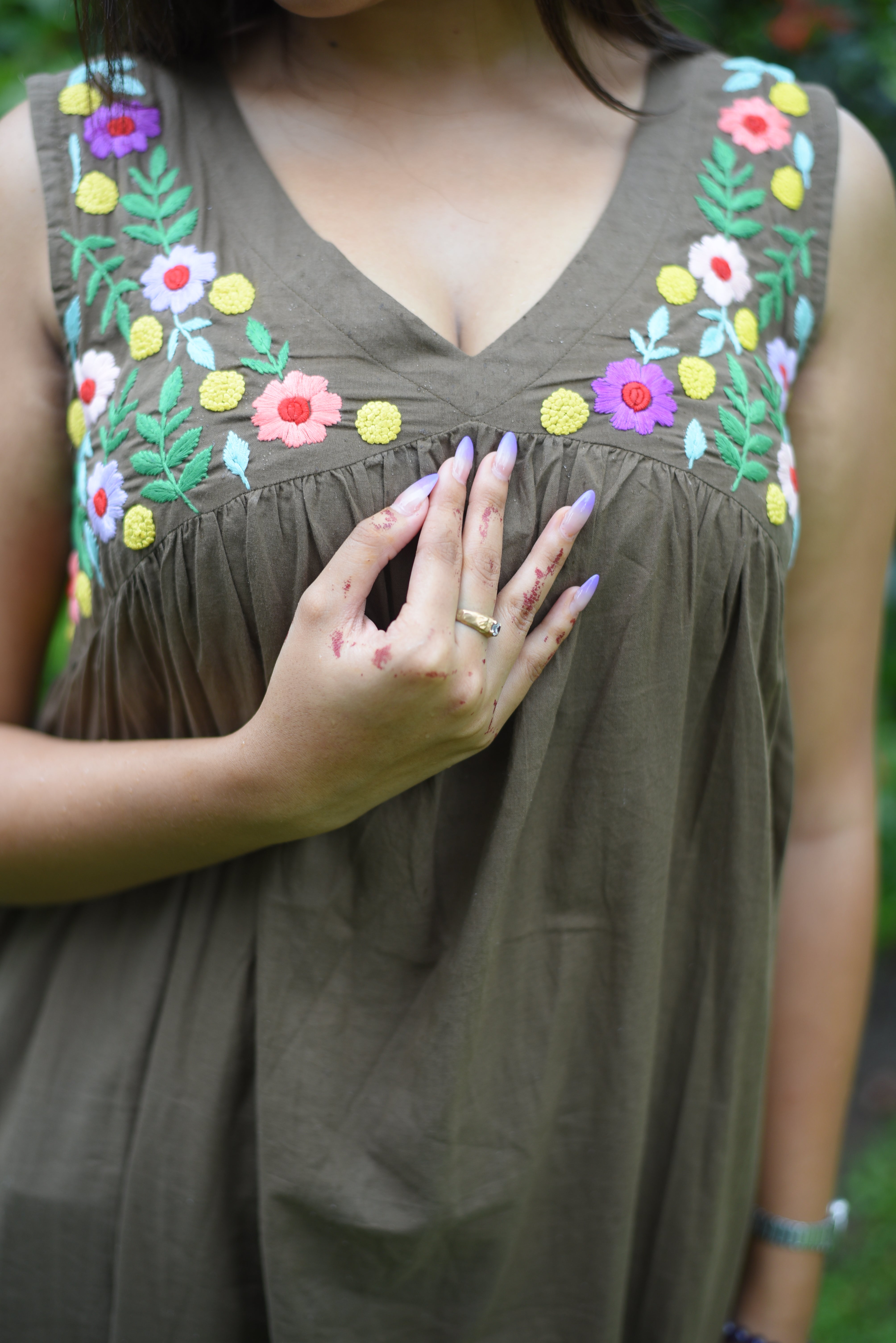 Hand Embroidered Olive Colour Cotton Midi Dress