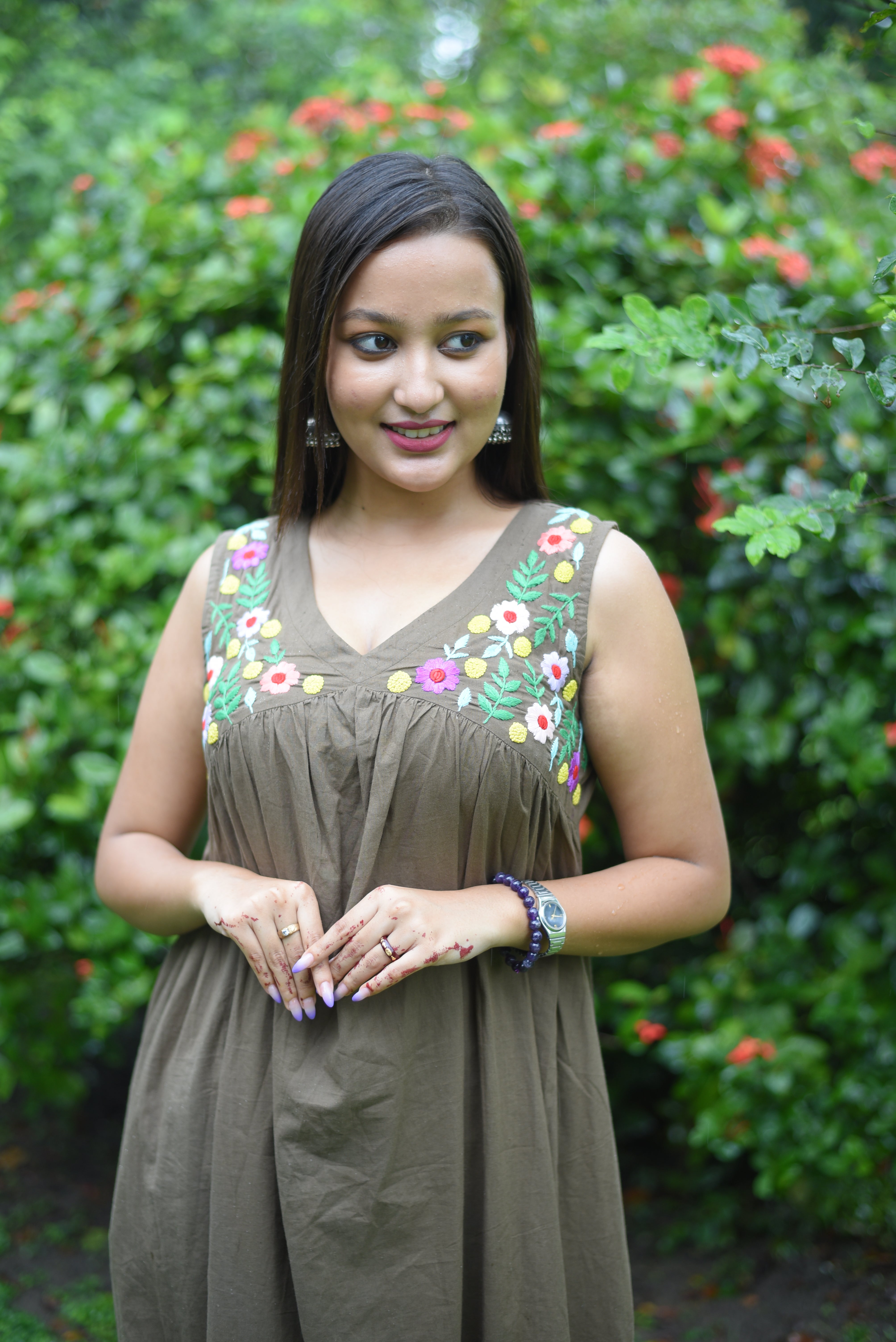 Hand Embroidered Olive Colour Cotton Midi Dress