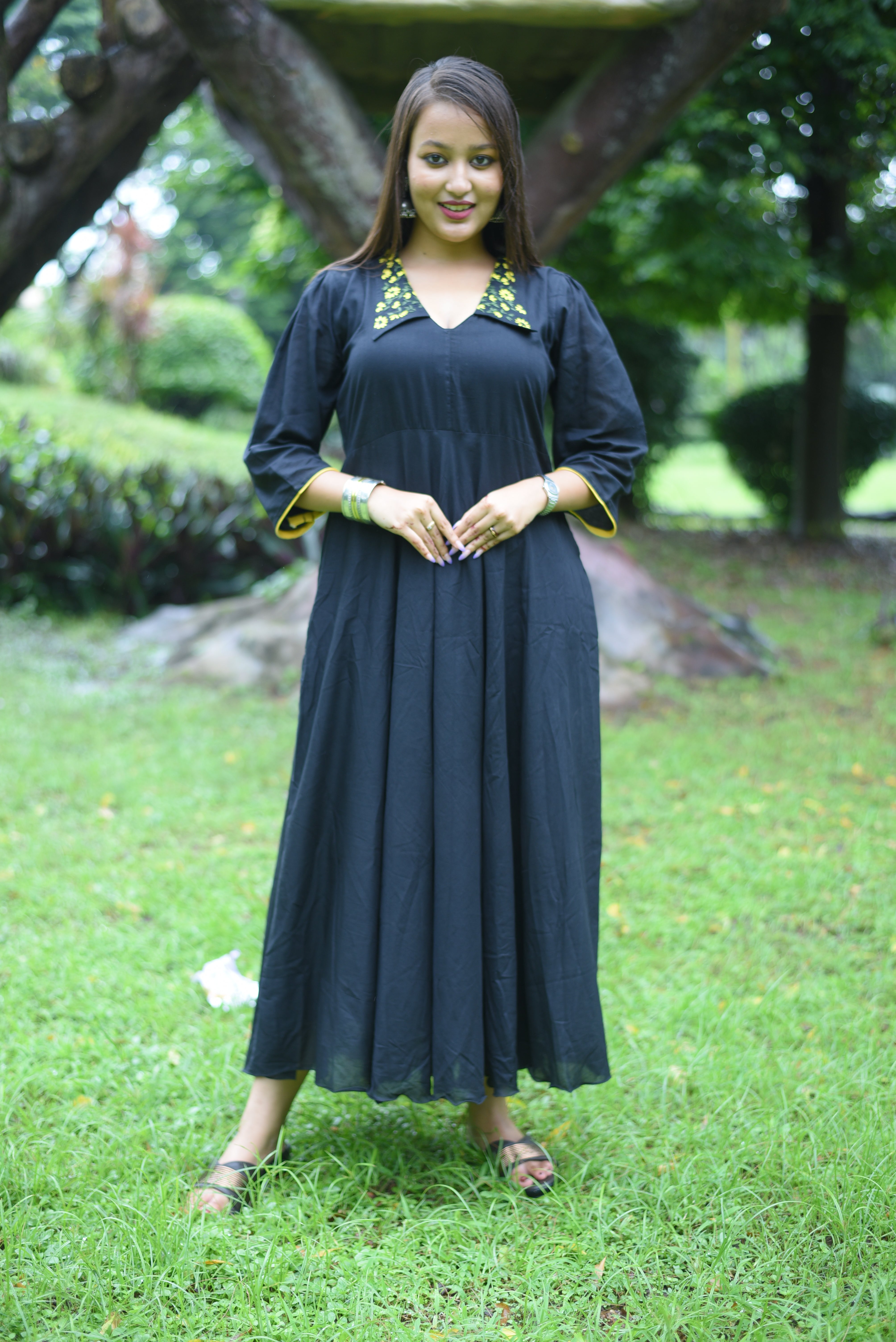 Hand Embroidered Black Colour Cotton Midi Dress
