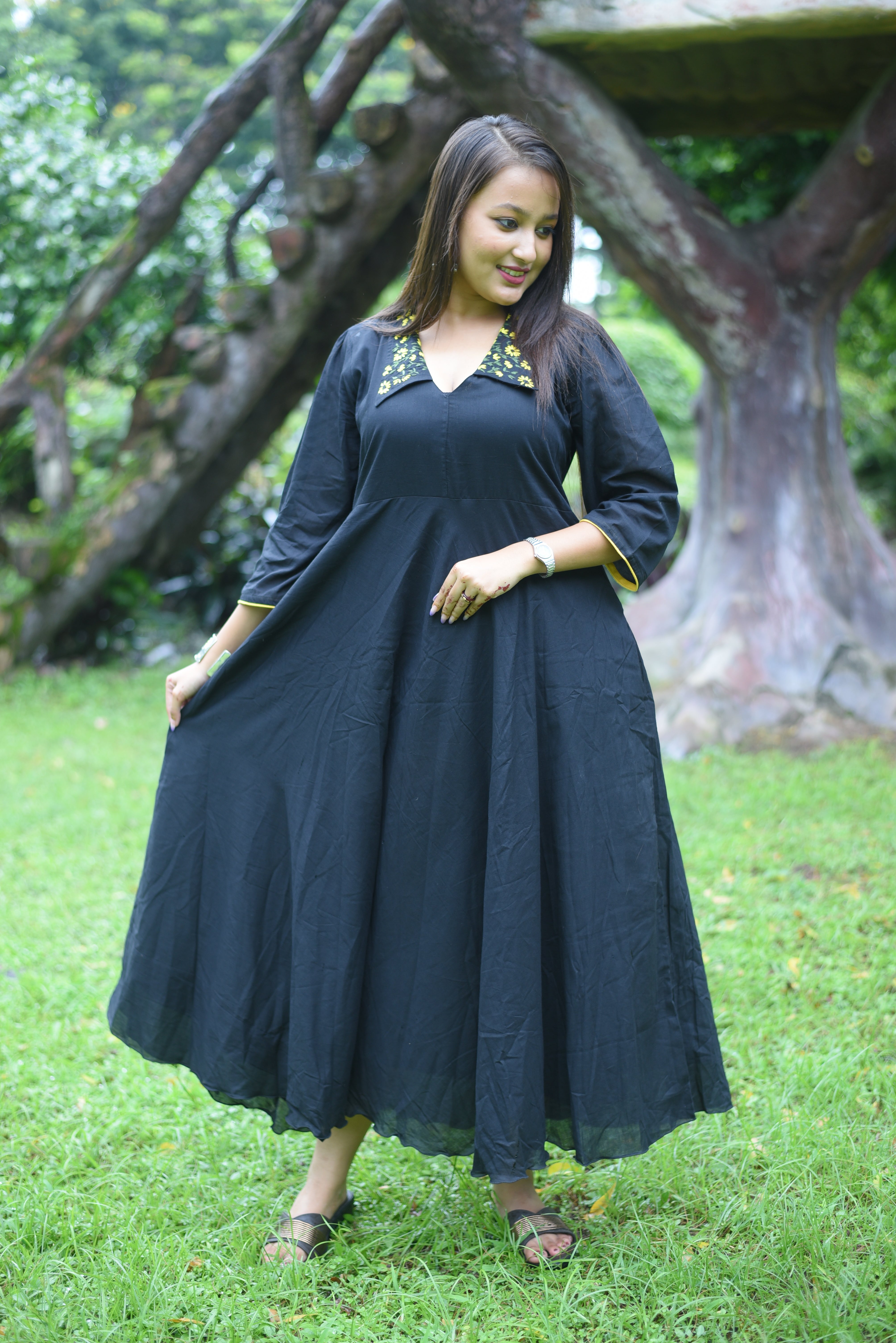 Hand Embroidered Black Colour Cotton Midi Dress