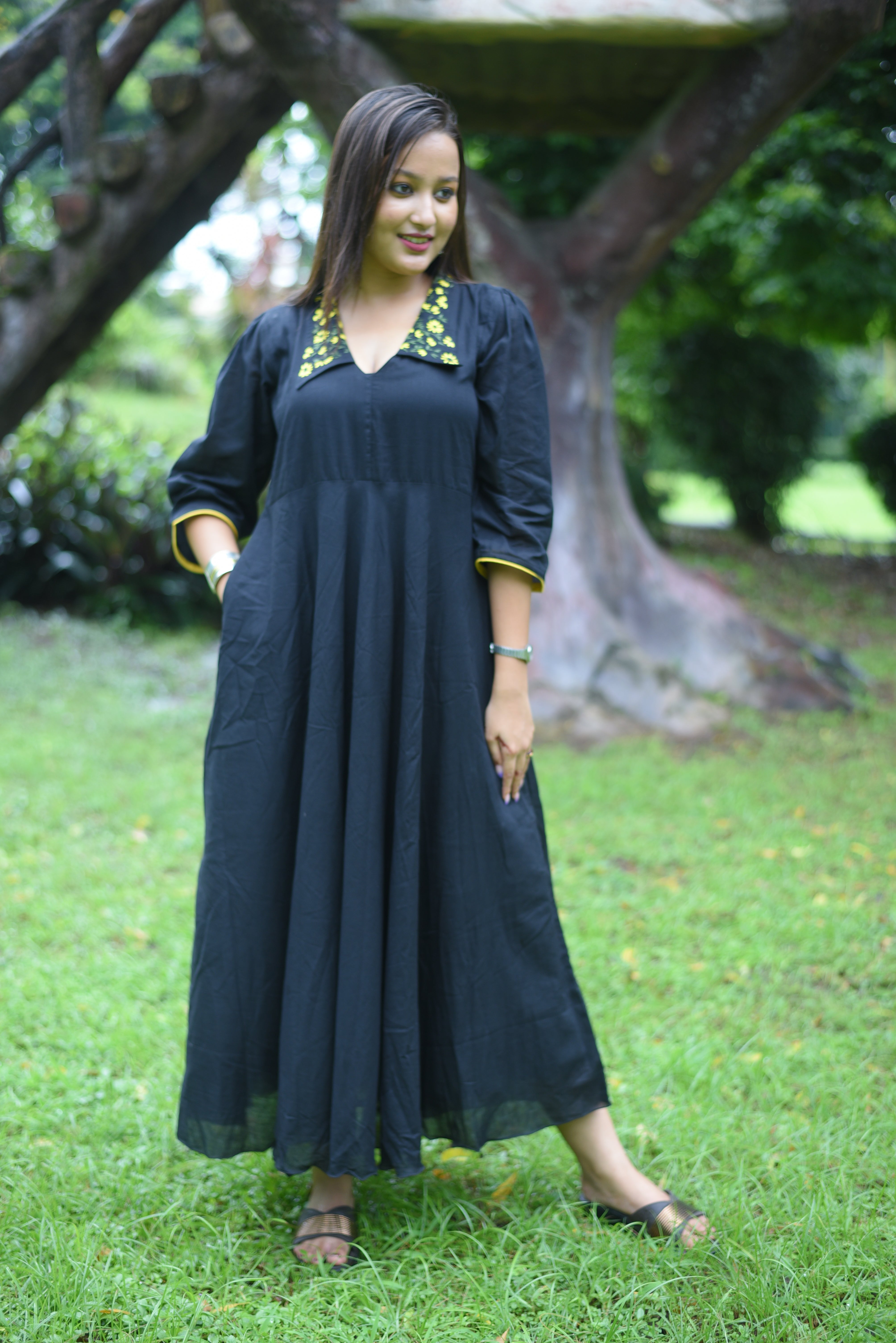 Hand Embroidered Black Colour Cotton Midi Dress