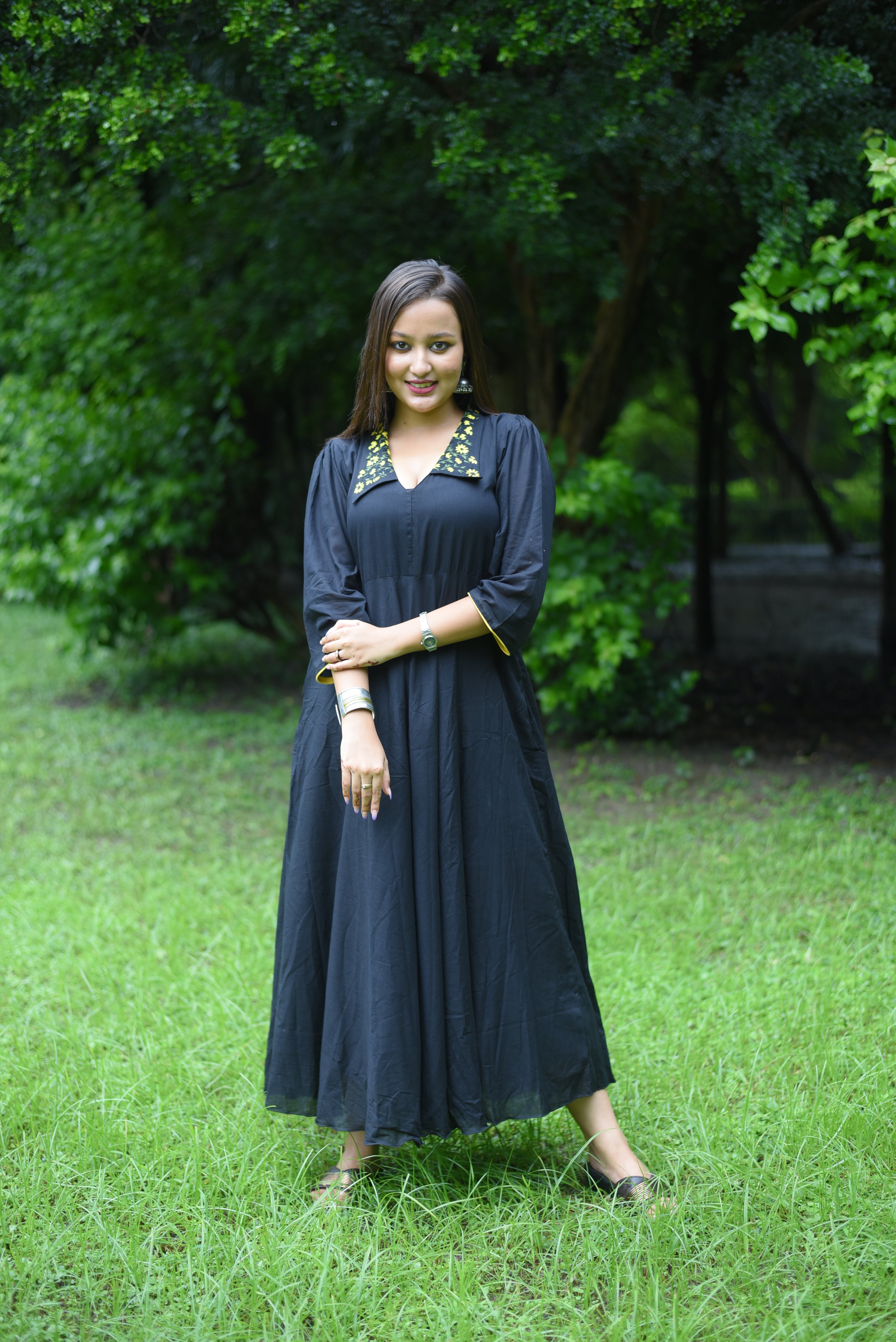 Hand Embroidered Black Colour Cotton Midi Dress