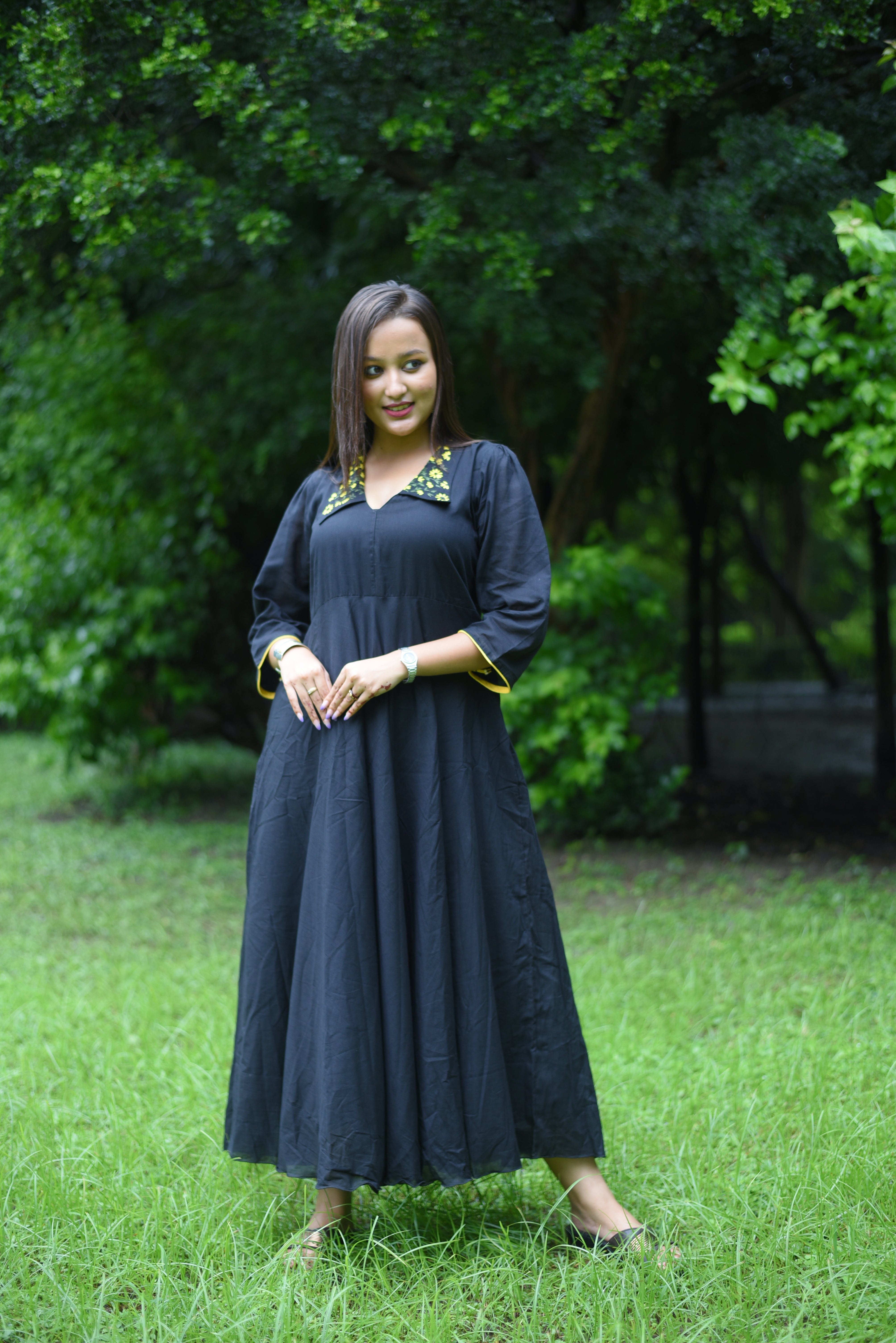 Hand Embroidered Black Colour Cotton Midi Dress
