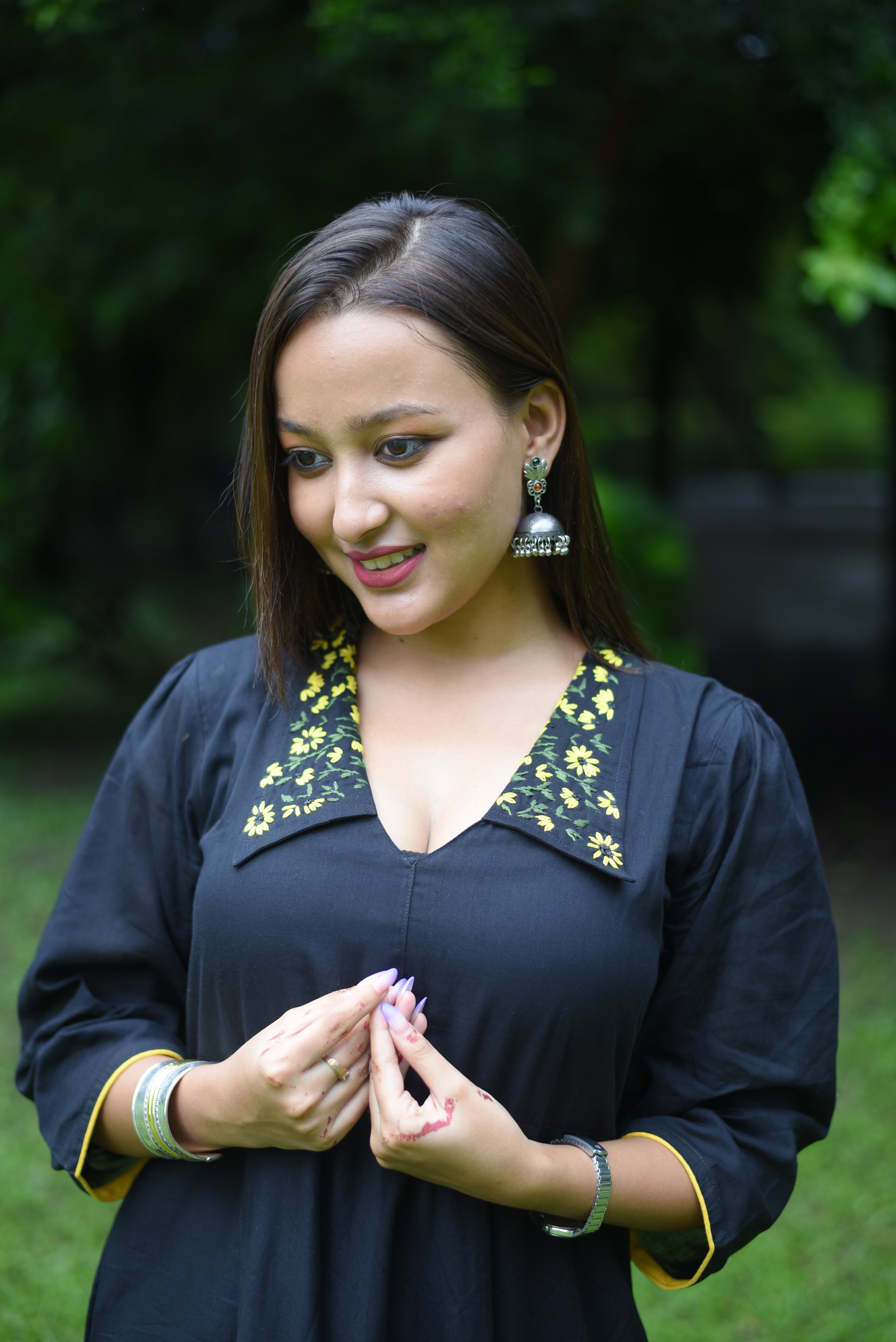 Hand Embroidered Black Colour Cotton Midi Dress