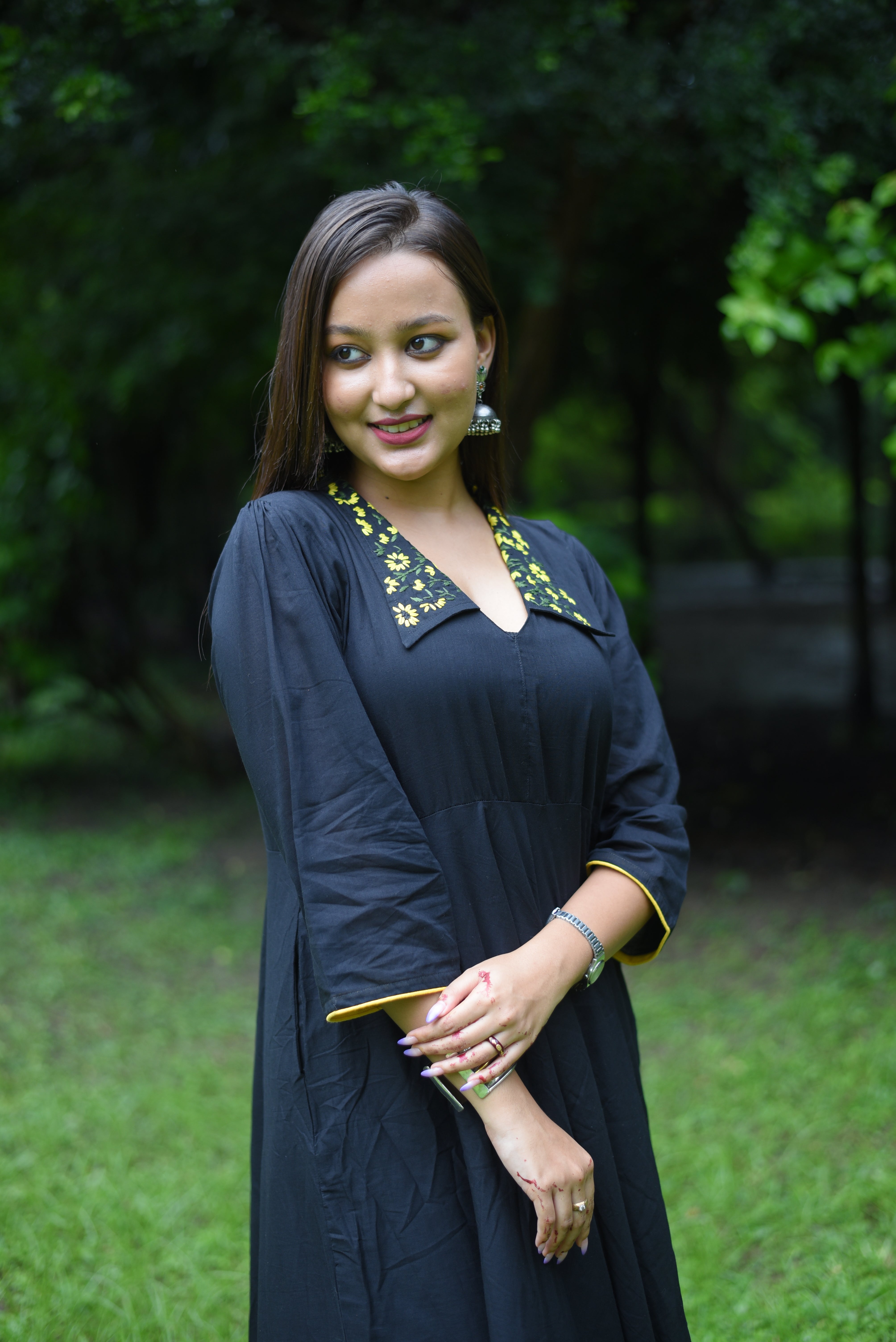 Hand Embroidered Black Colour Cotton Midi Dress