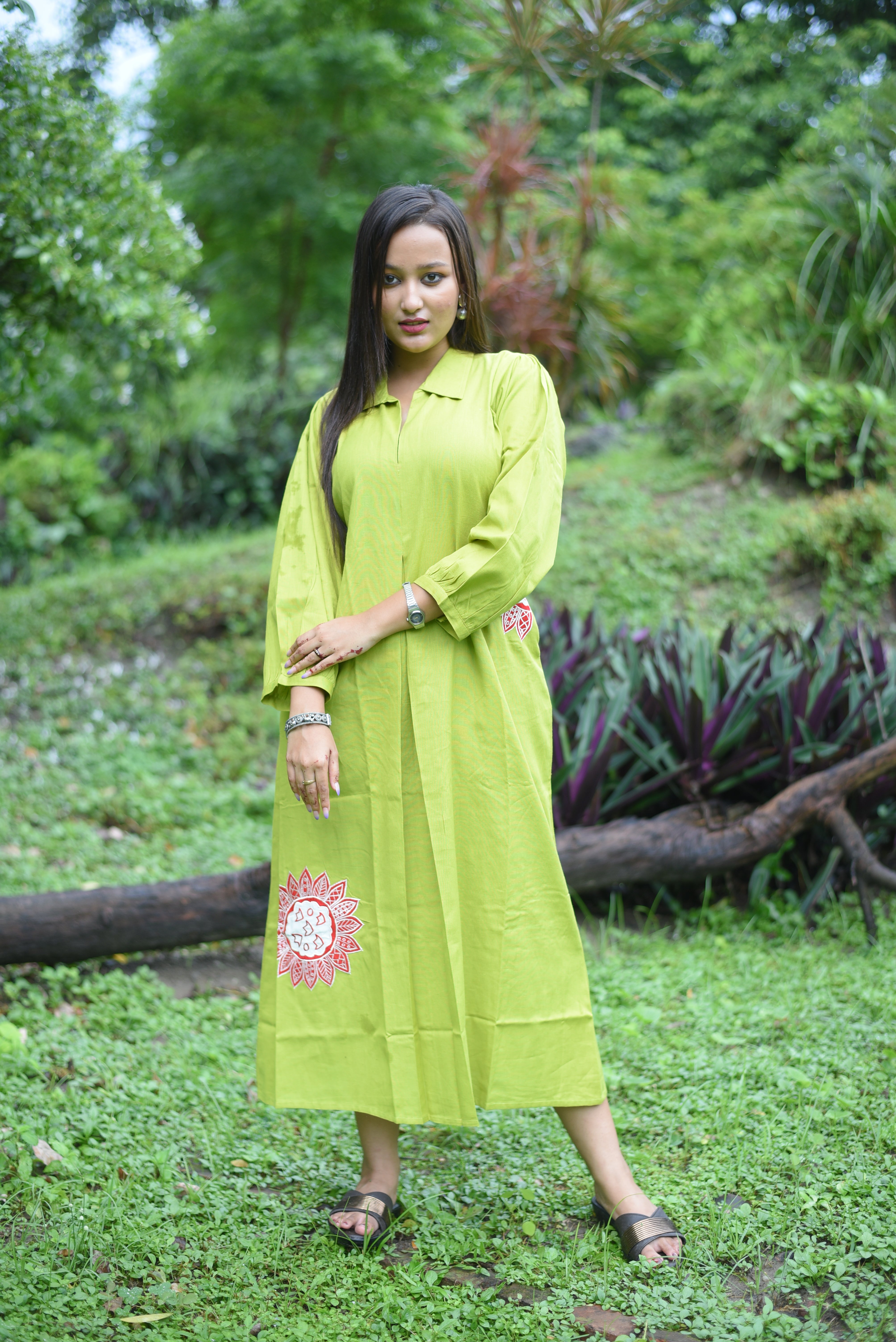 Green Colour Cotton Applique Midi Dress