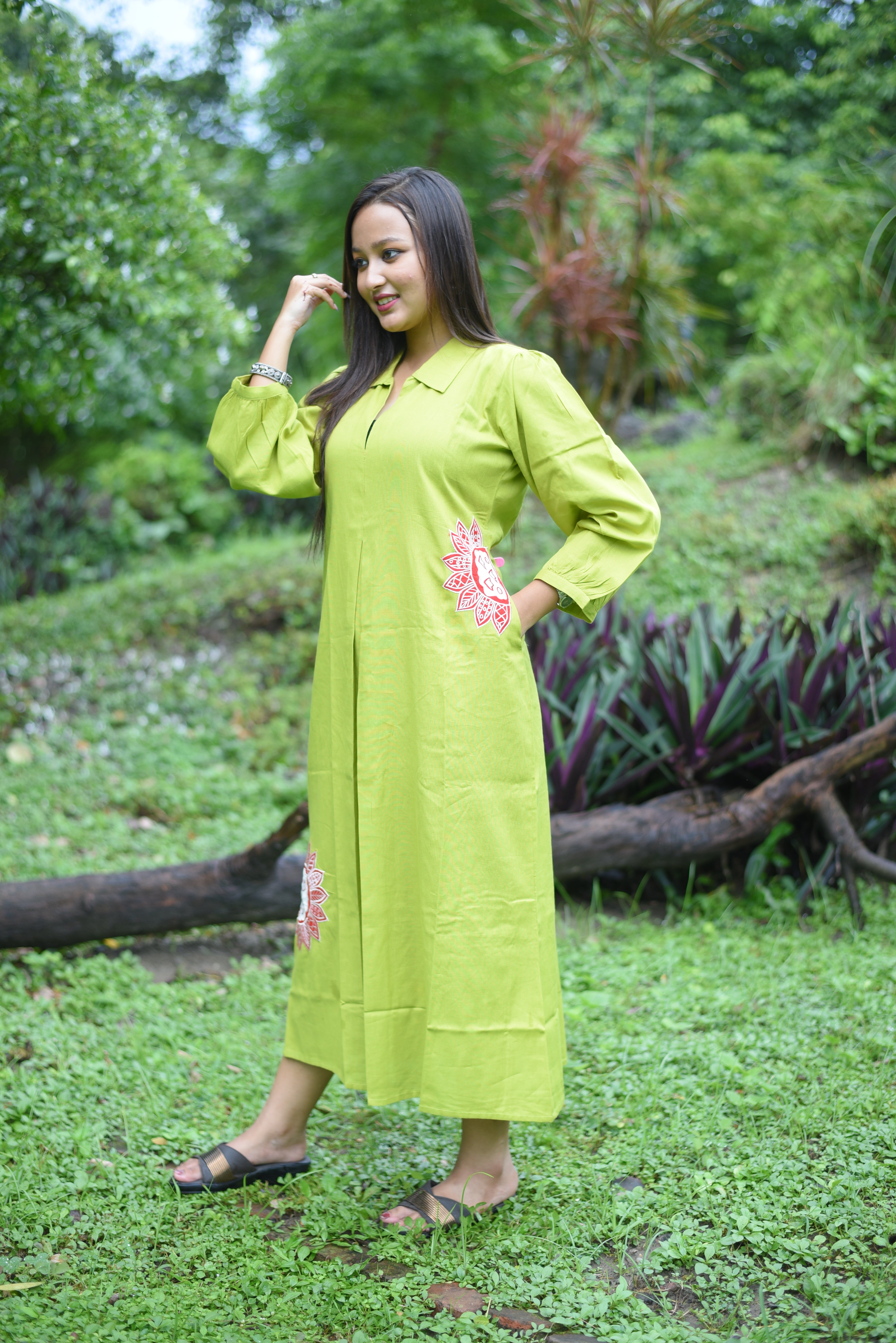 Green Colour Cotton Applique Midi Dress