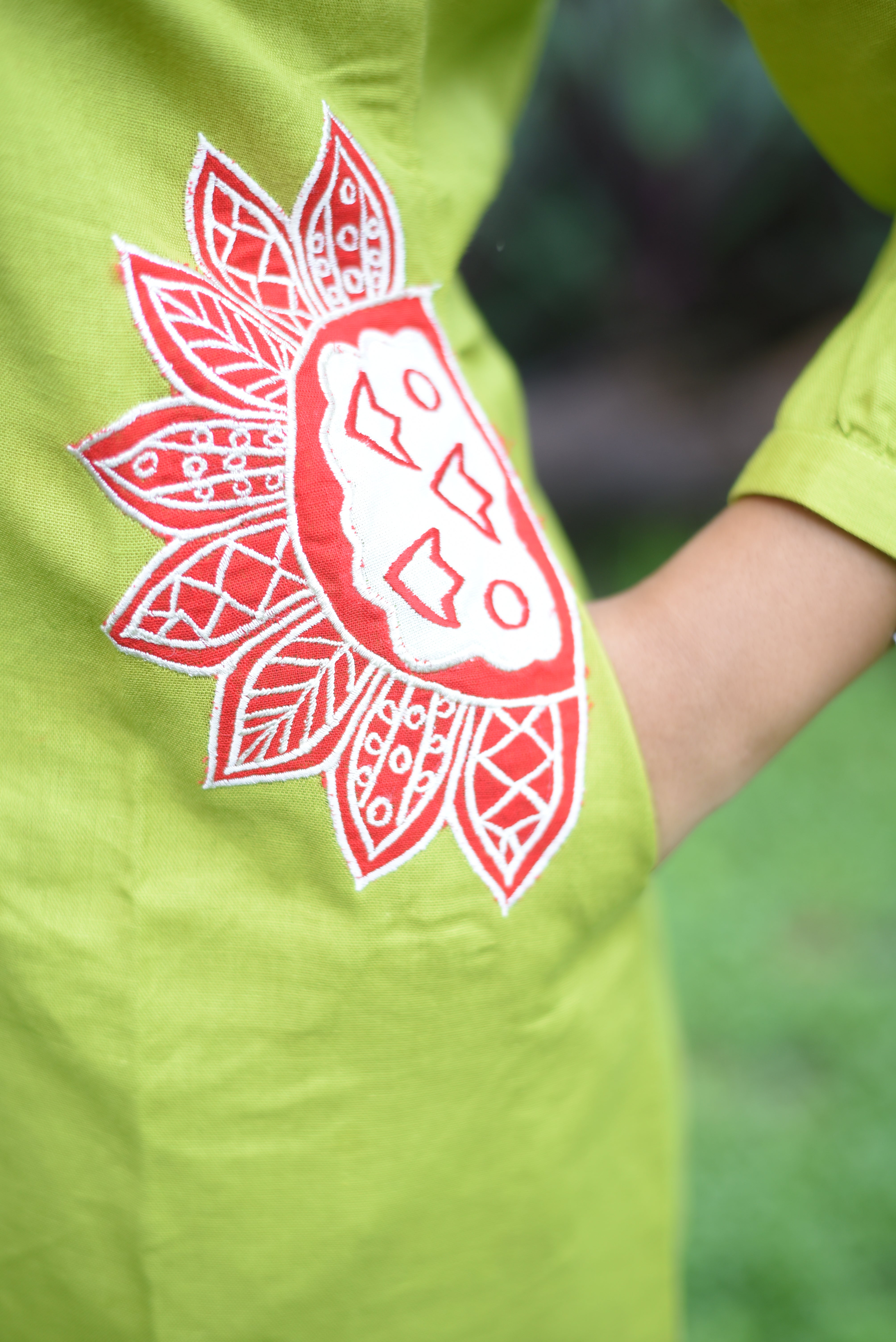 Green Colour Cotton Applique Midi Dress