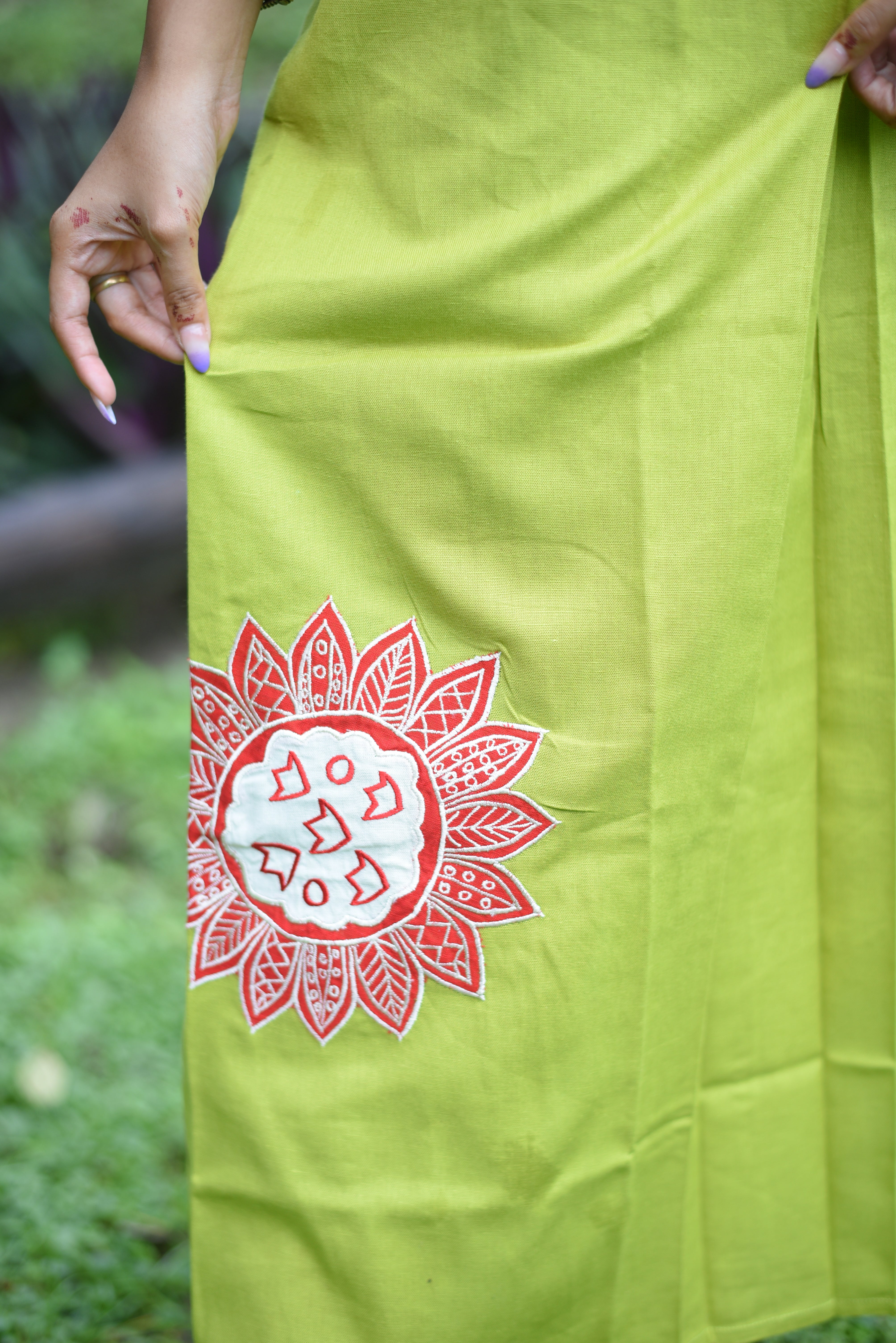 Green Colour Cotton Applique Midi Dress
