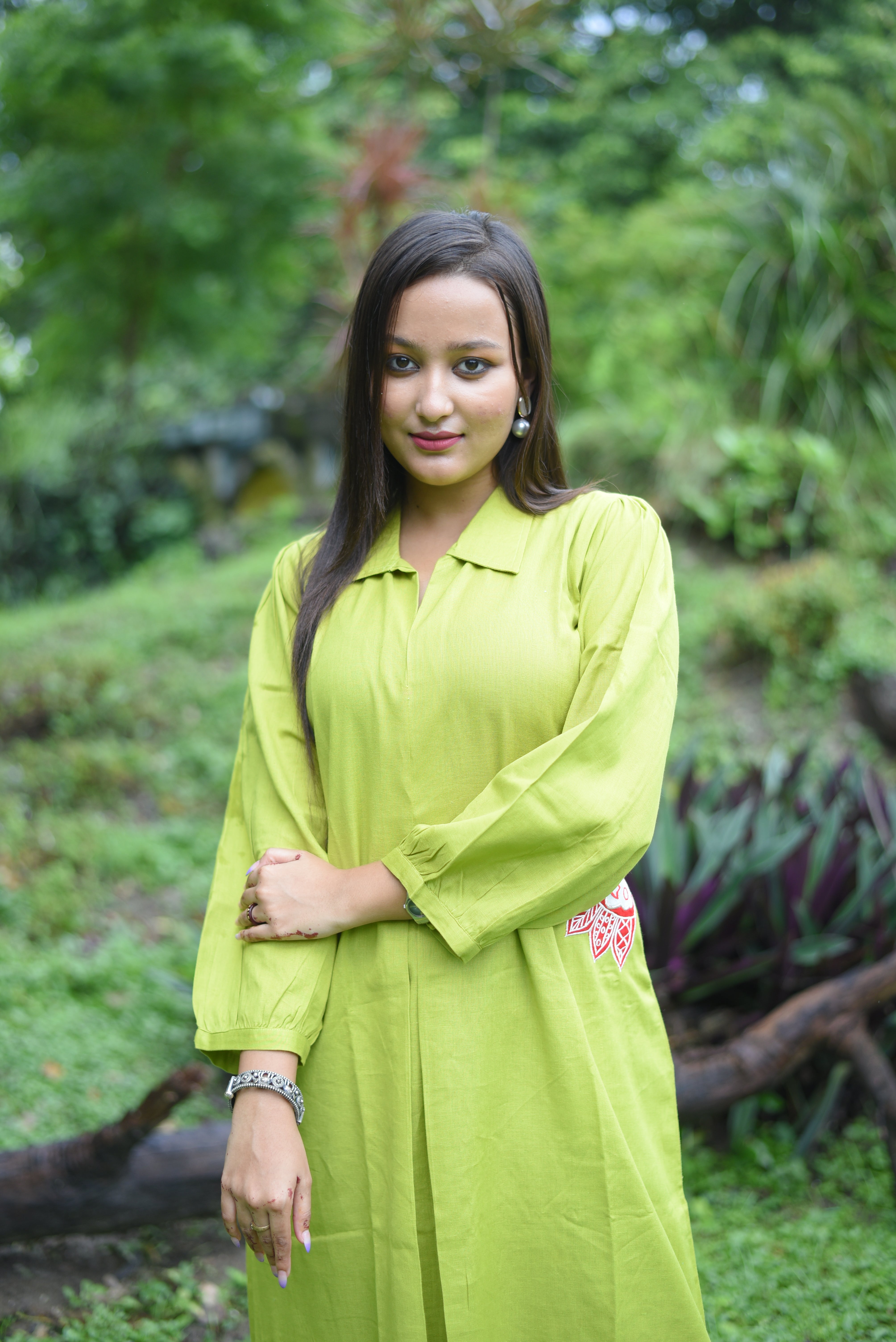 Green Colour Cotton Applique Midi Dress