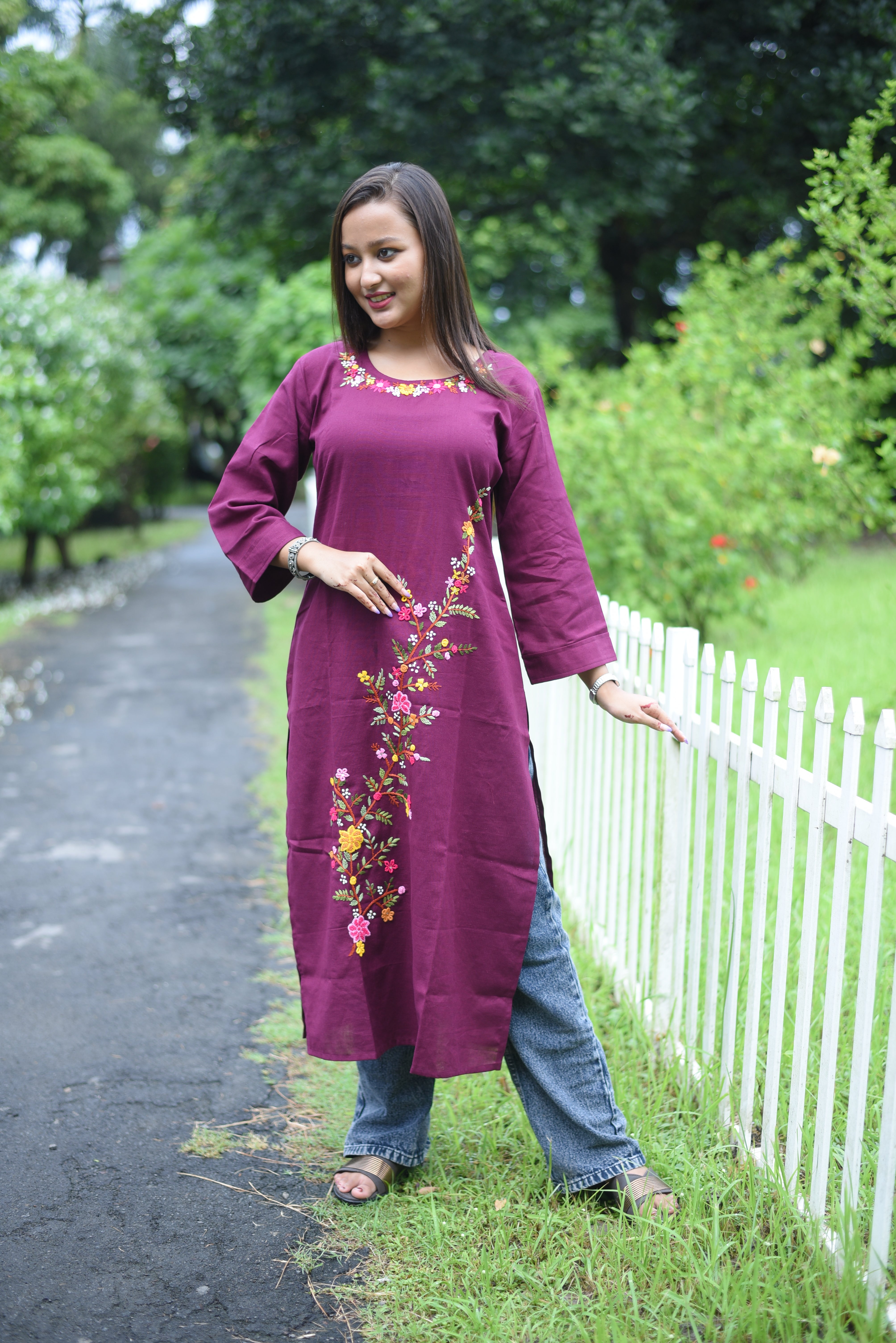 Maroon Color Cotton Handwork Kurta