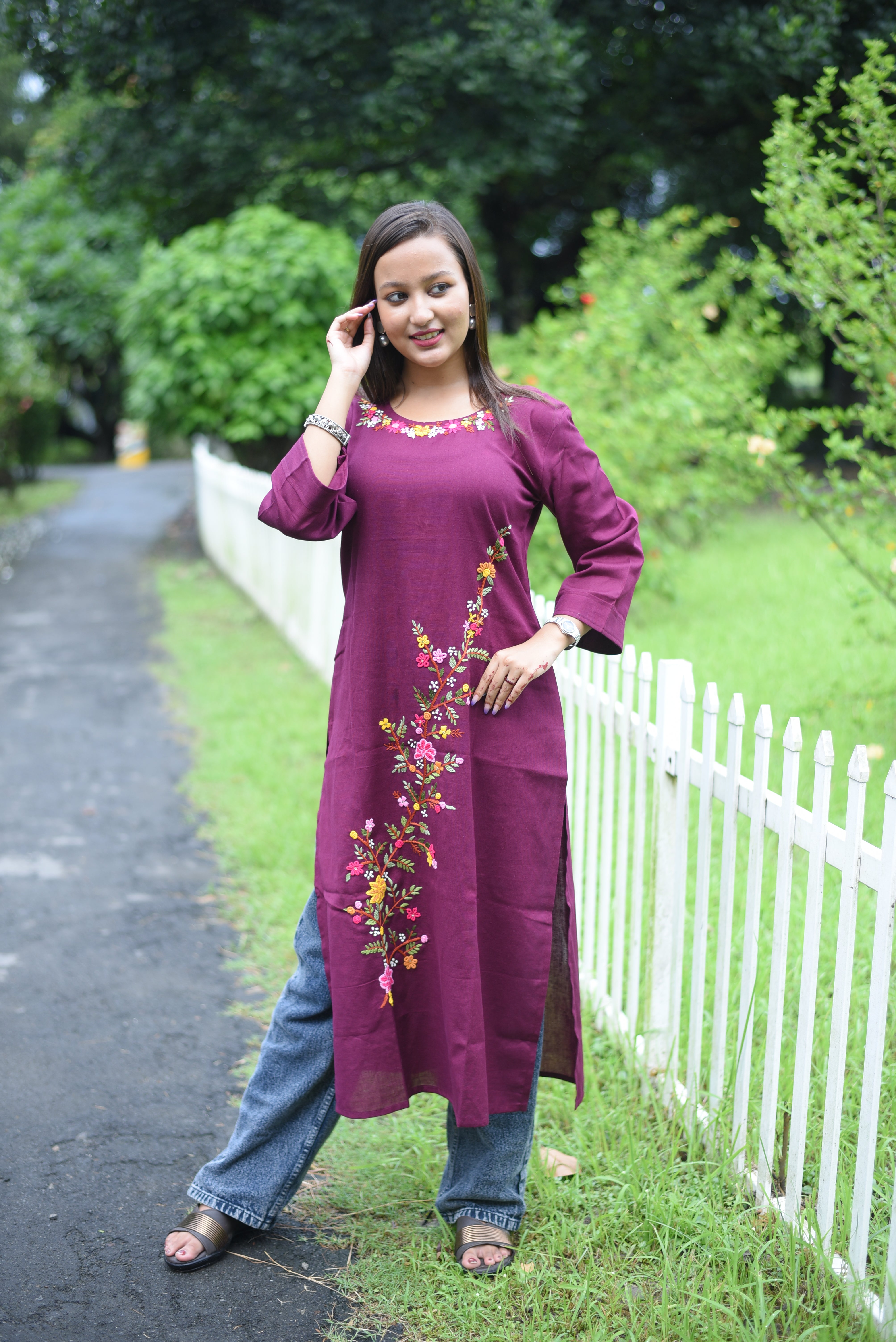 Maroon Color Cotton Handwork Kurta