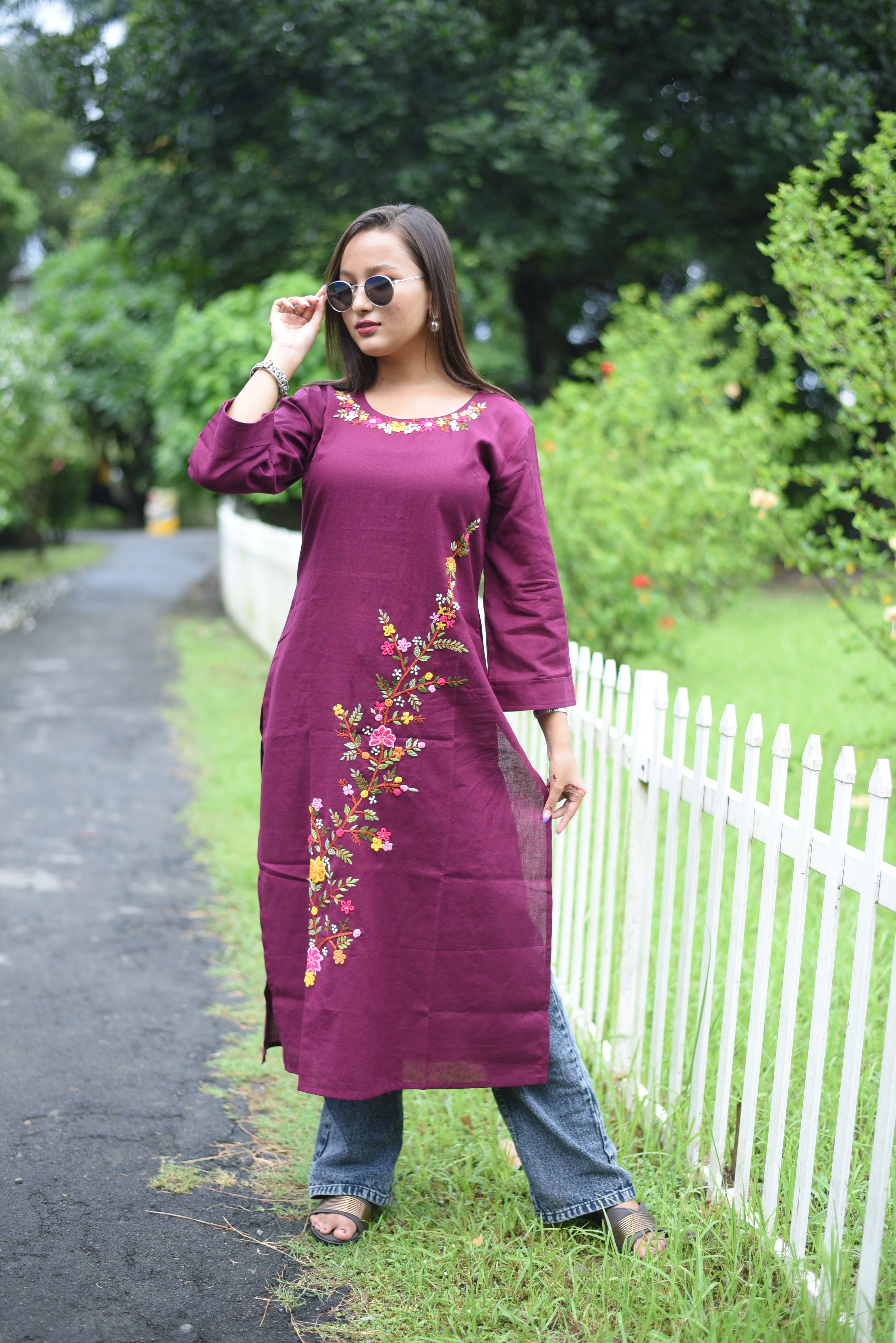 Maroon Color Cotton Handwork Kurta