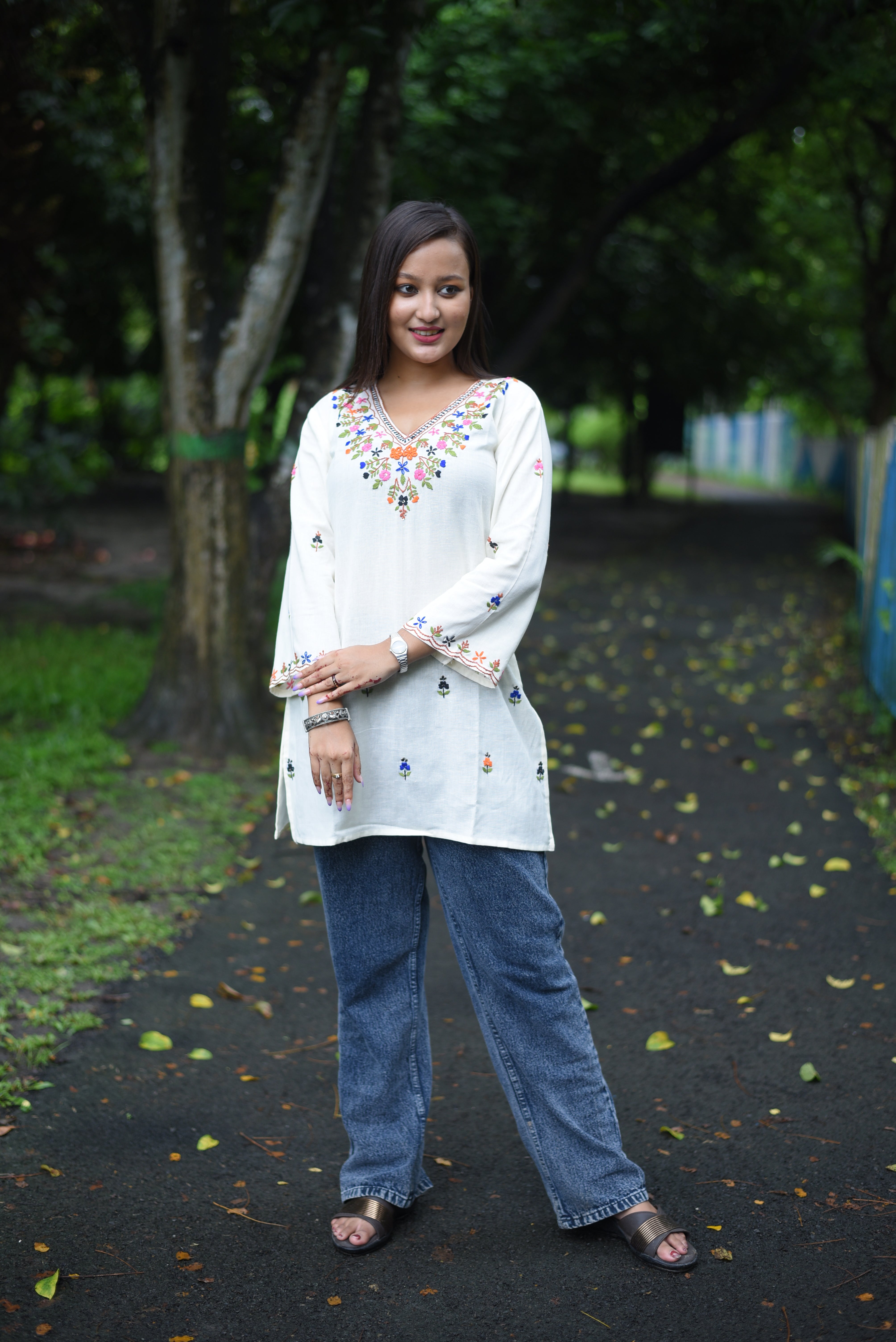Hand Embroidery White Color Cotton Kurti