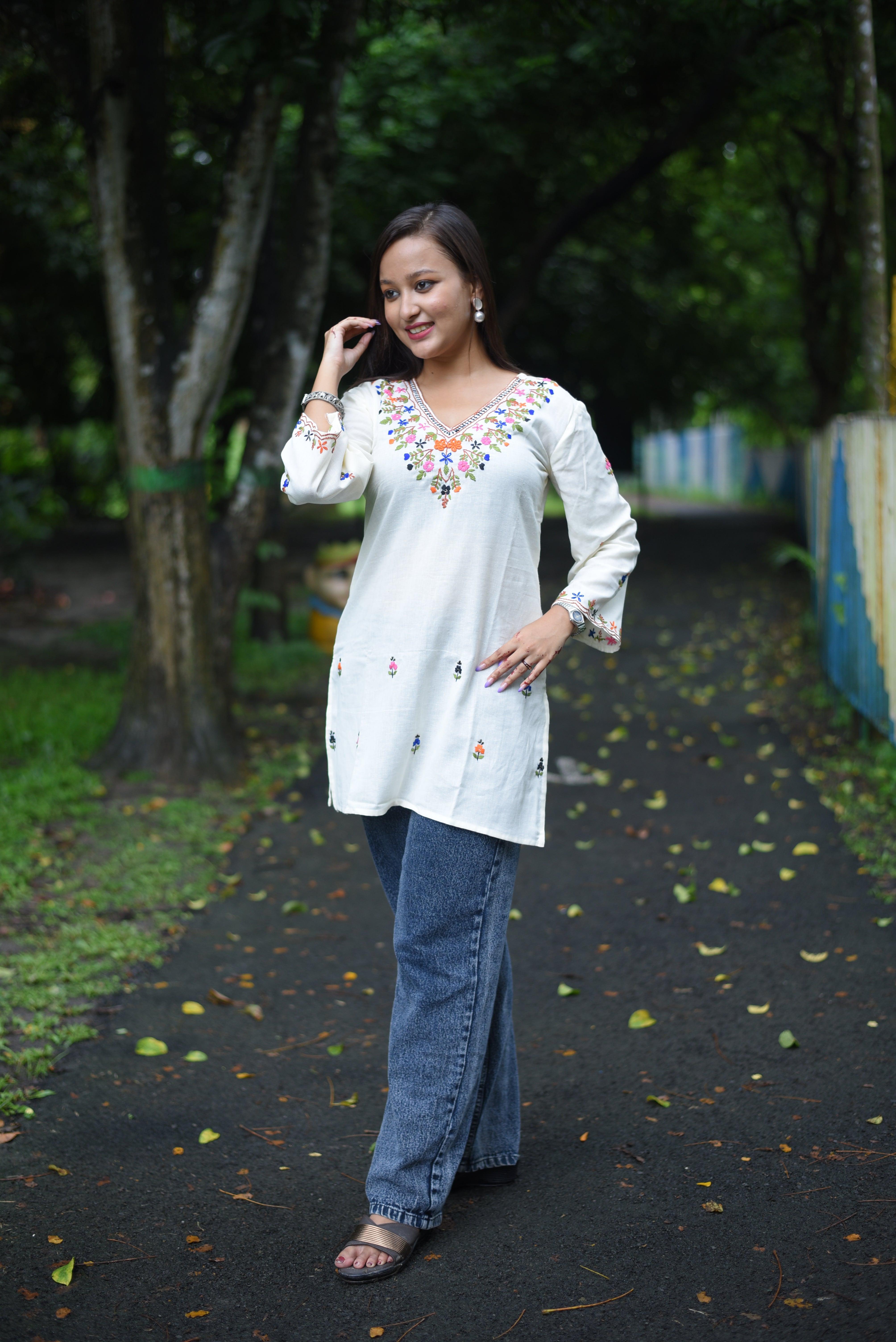Hand Embroidery White Color Cotton Kurti