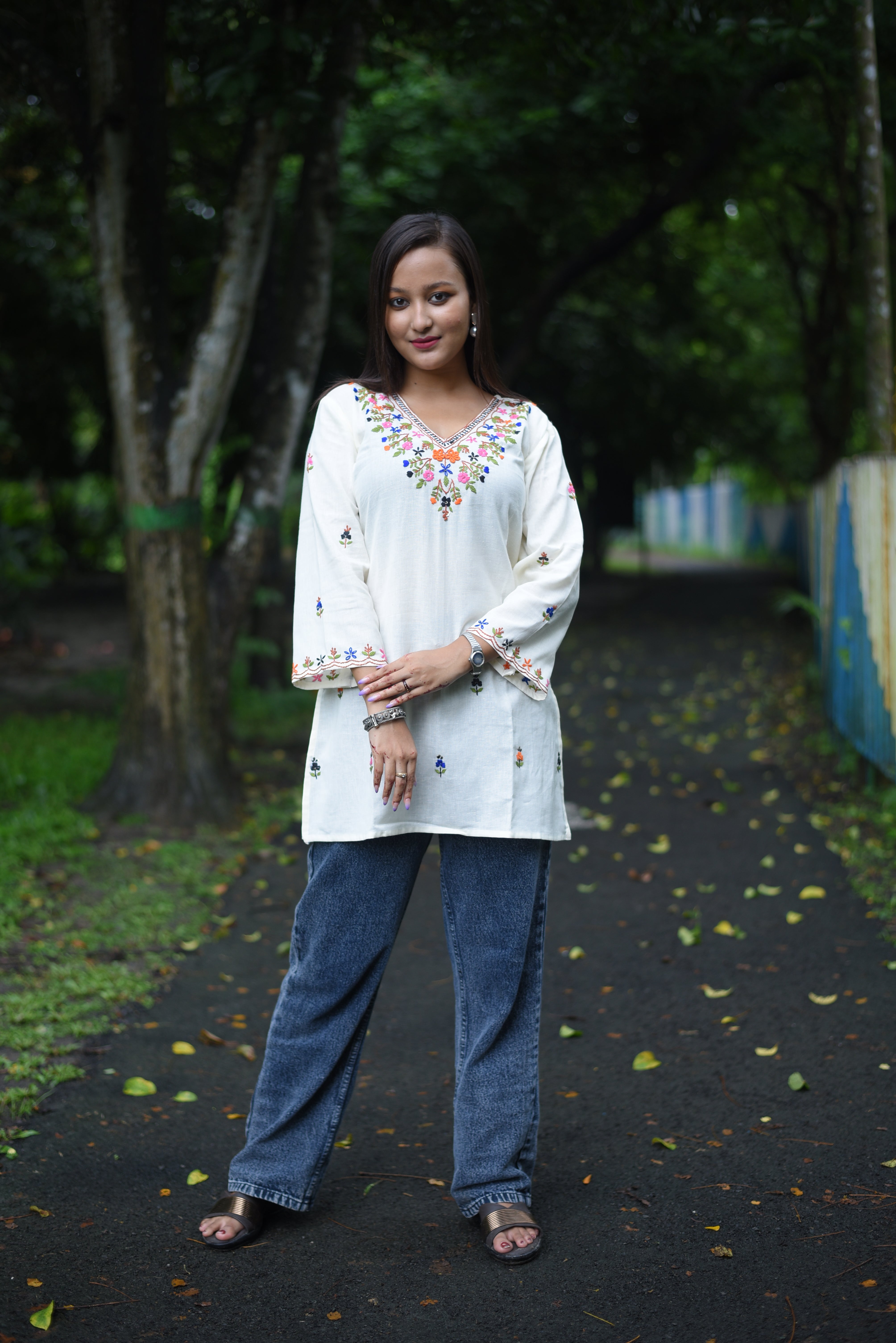 Hand Embroidery White Color Cotton Kurti