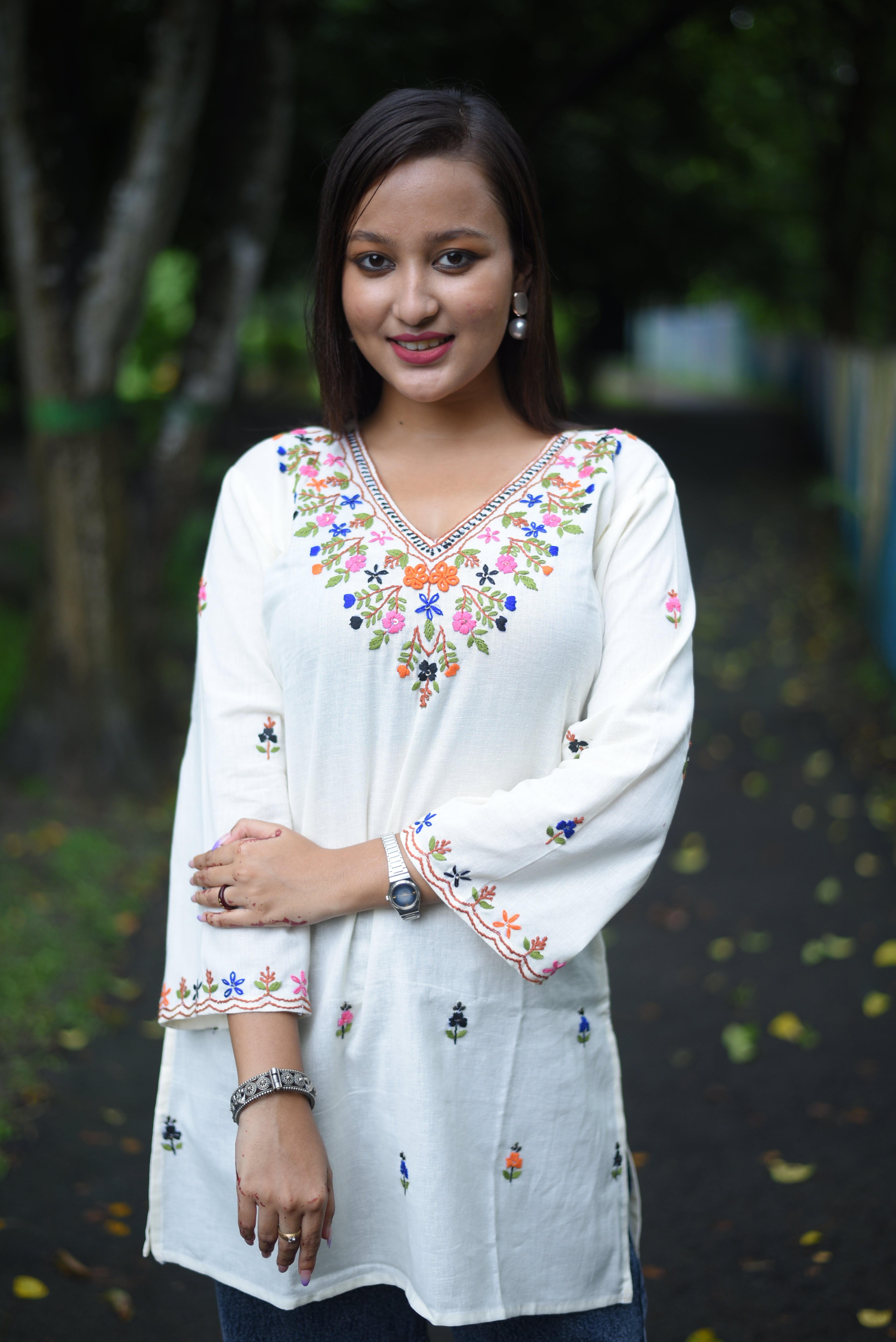 Hand Embroidery White Color Cotton Kurti