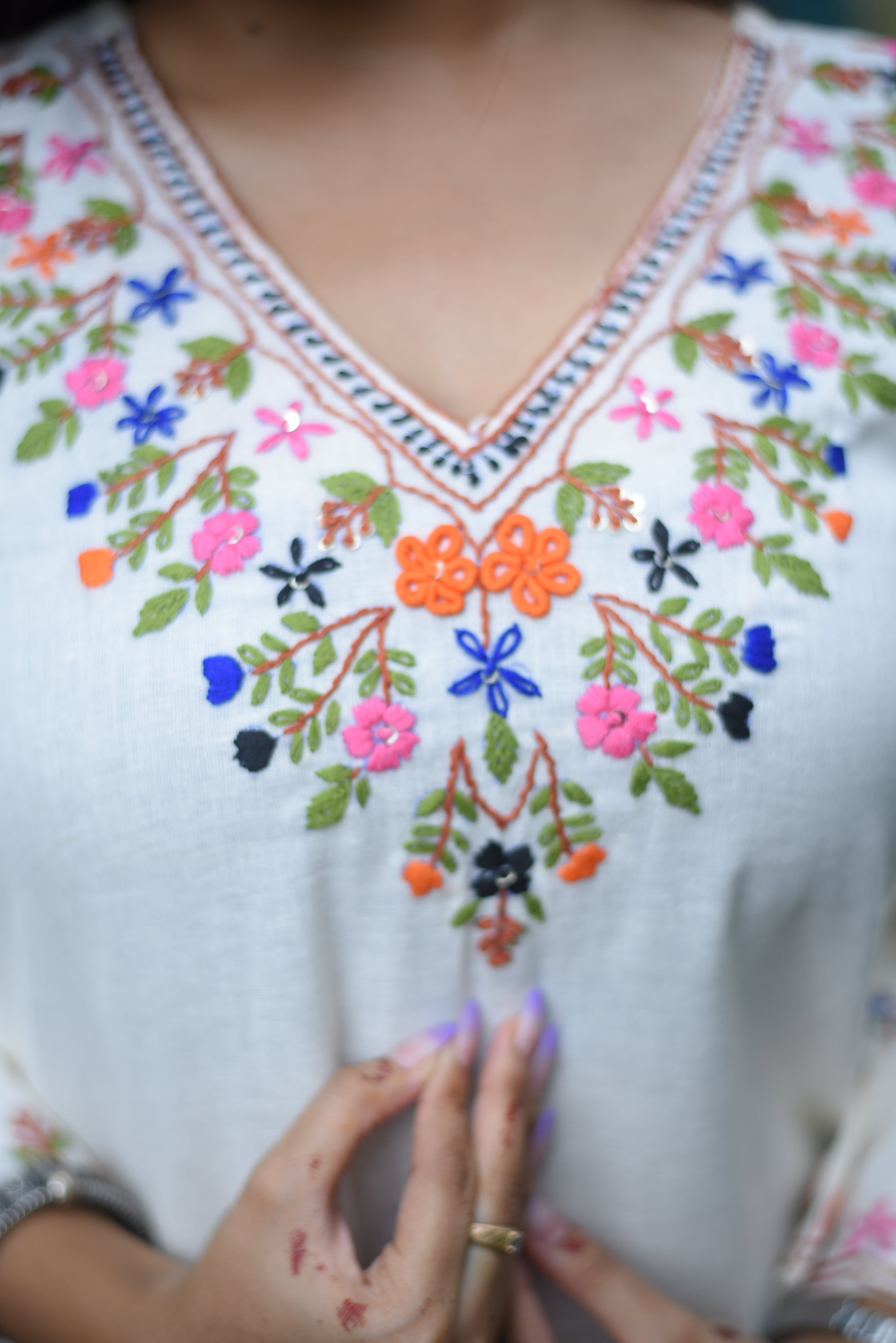 Hand Embroidery White Color Cotton Kurti