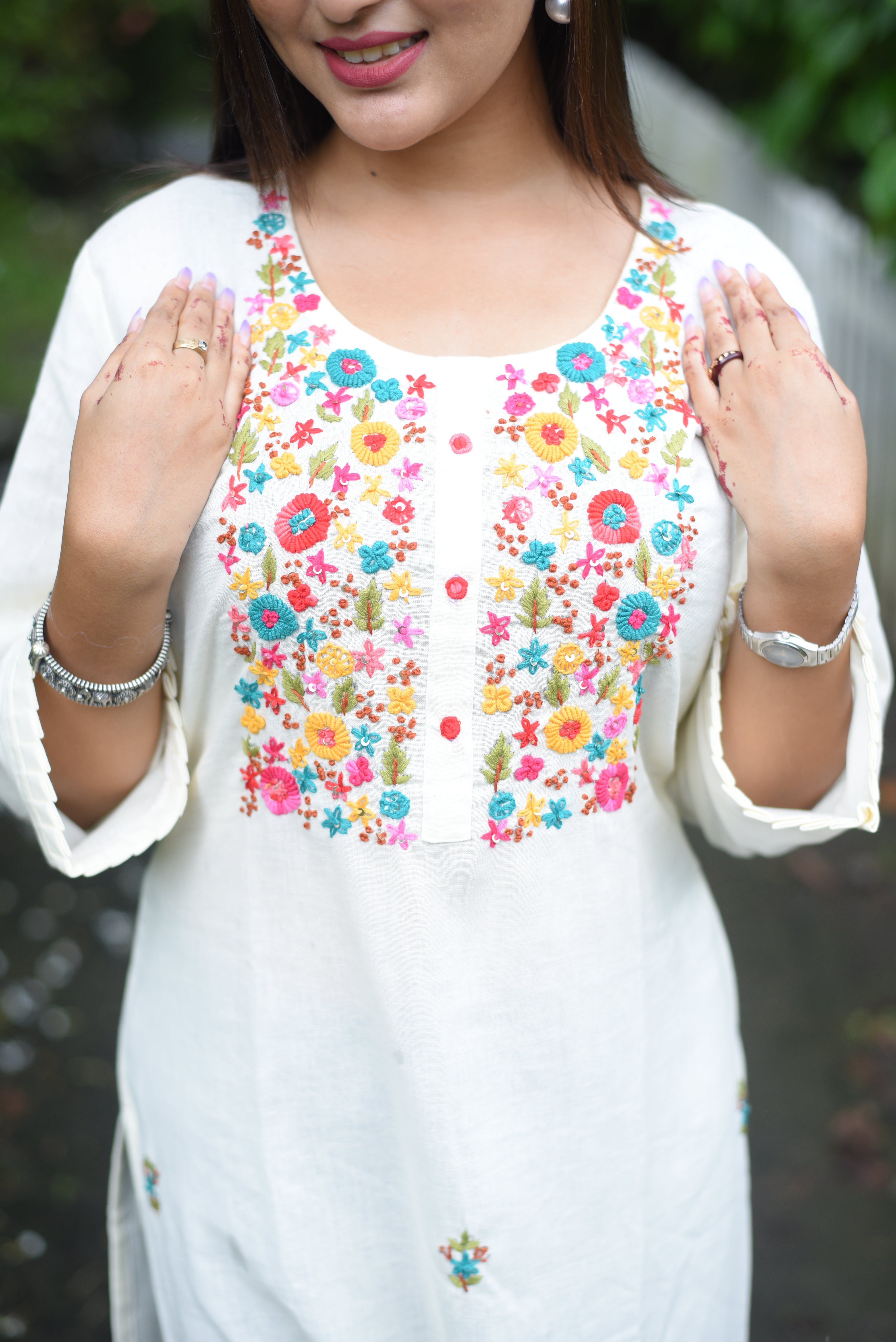 Off White Handwork Cotton Kurta
