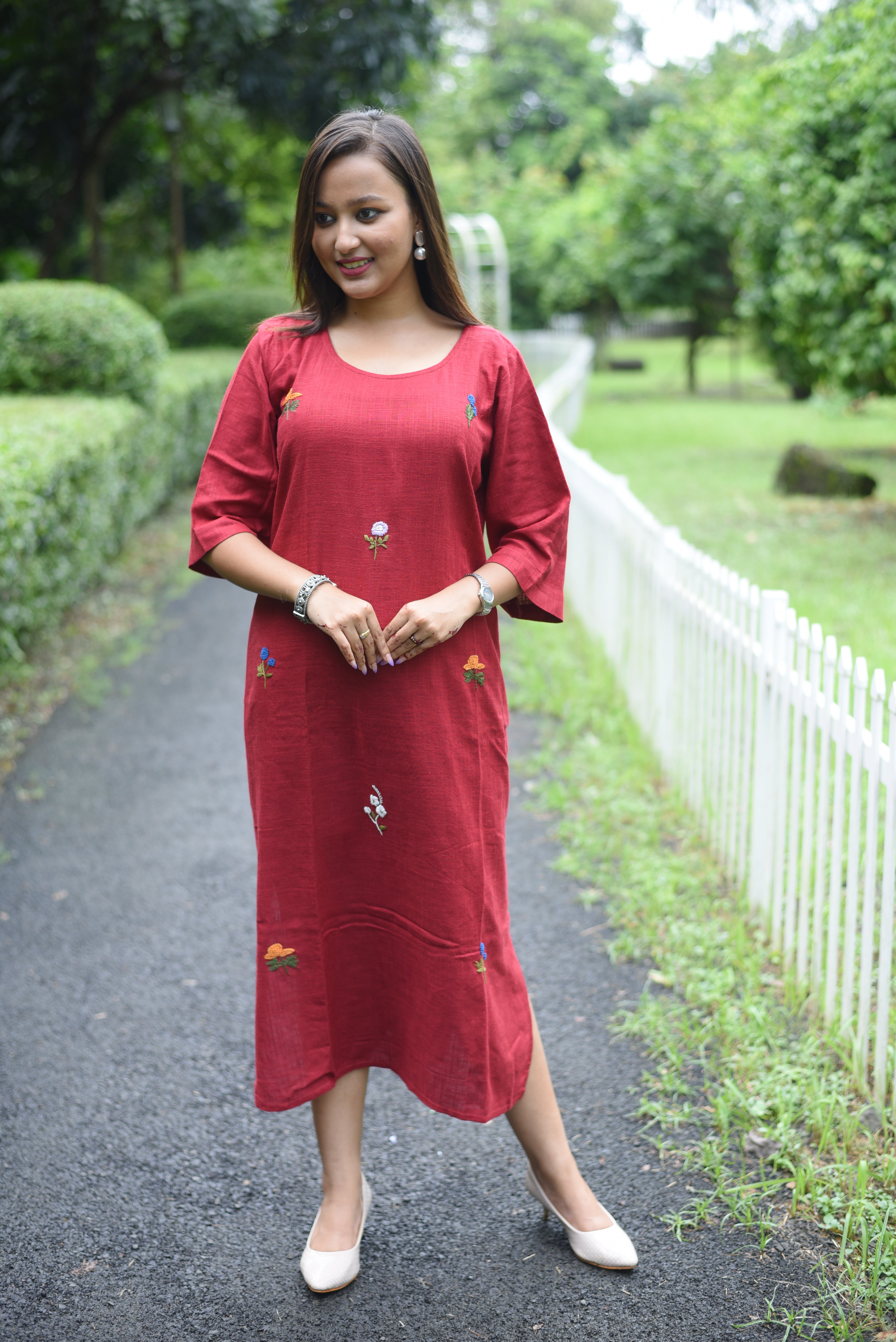 Red Hand Embroidered Cotton Midi Dress
