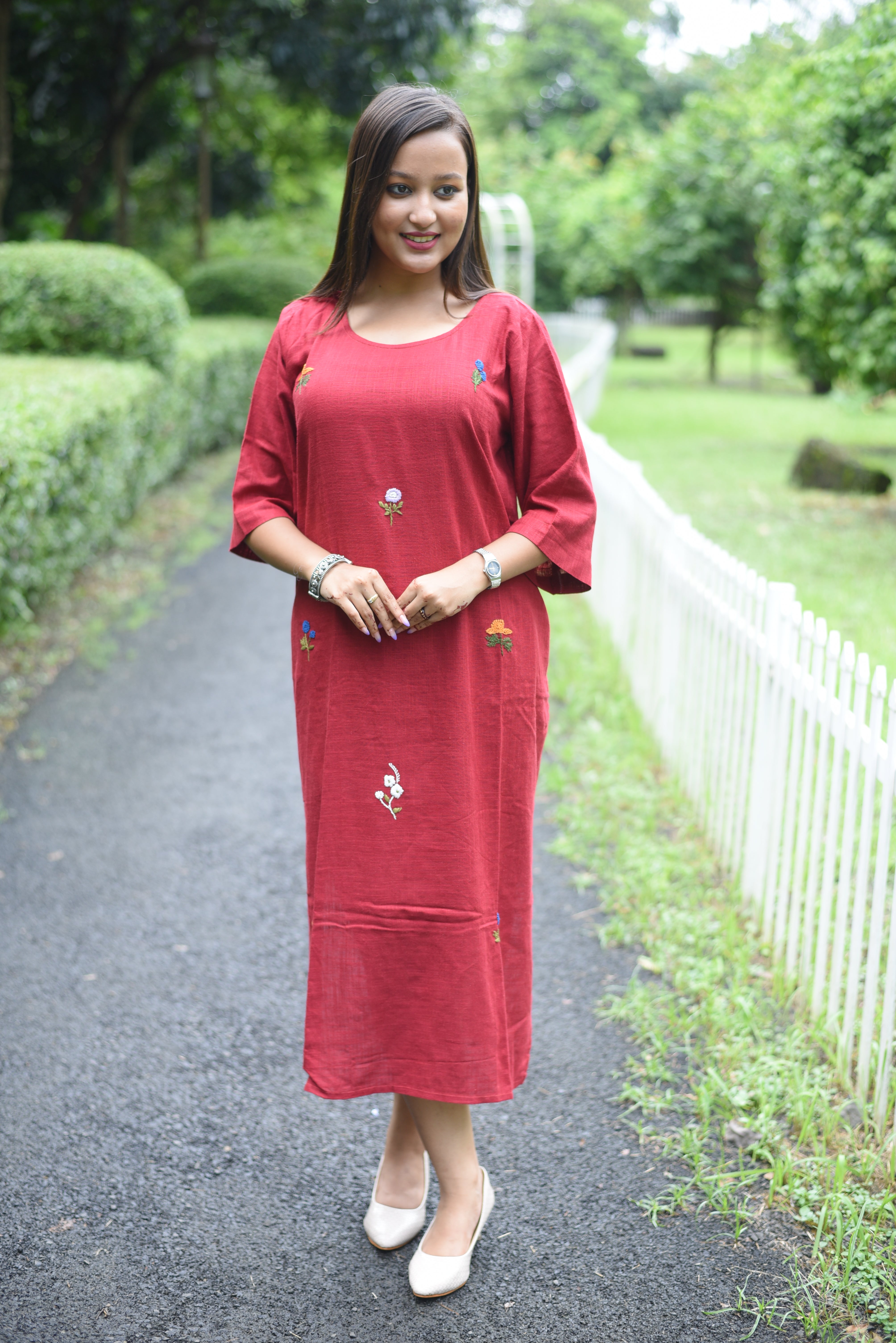 Red Hand Embroidered Cotton Midi Dress