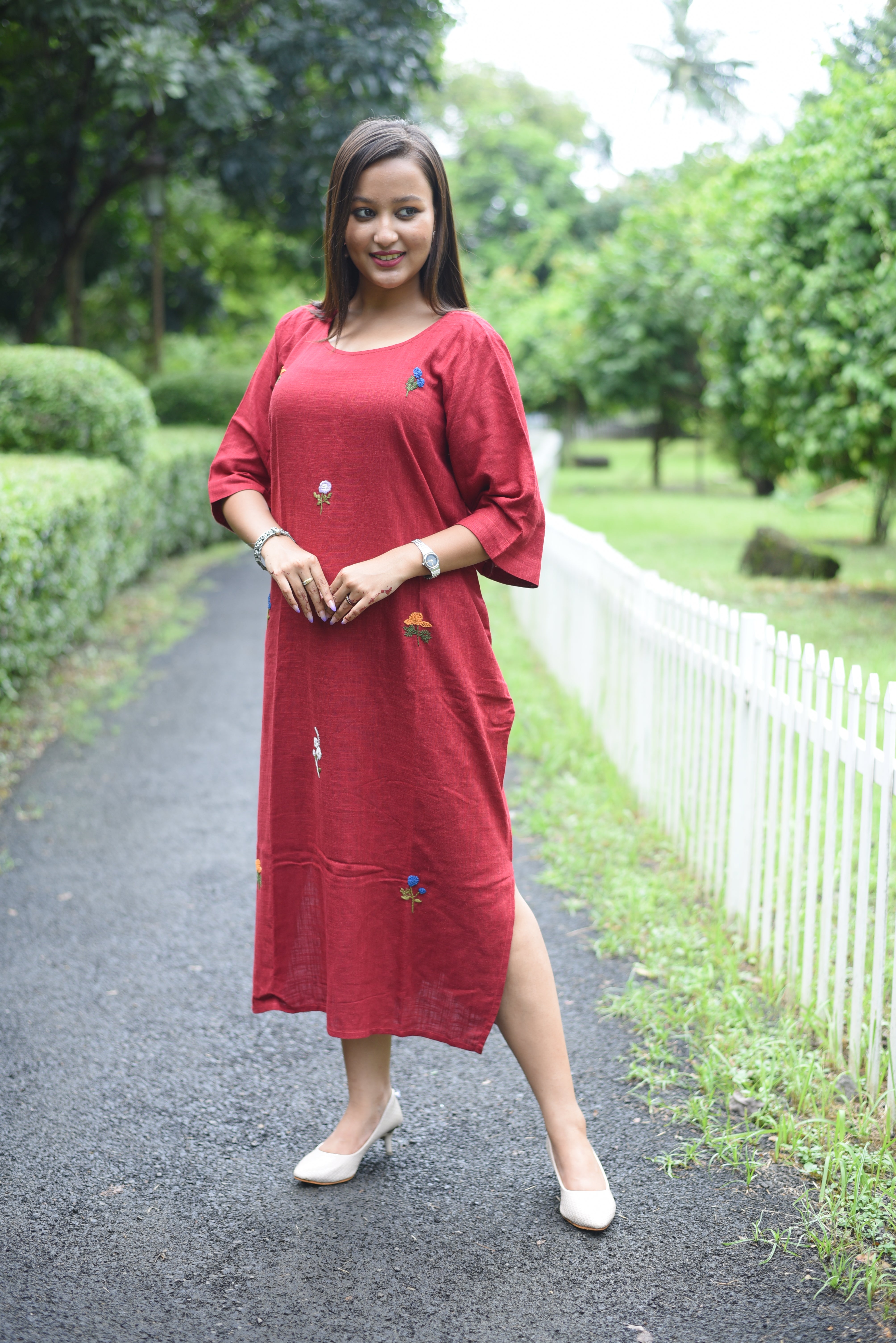 Red Hand Embroidered Cotton Midi Dress