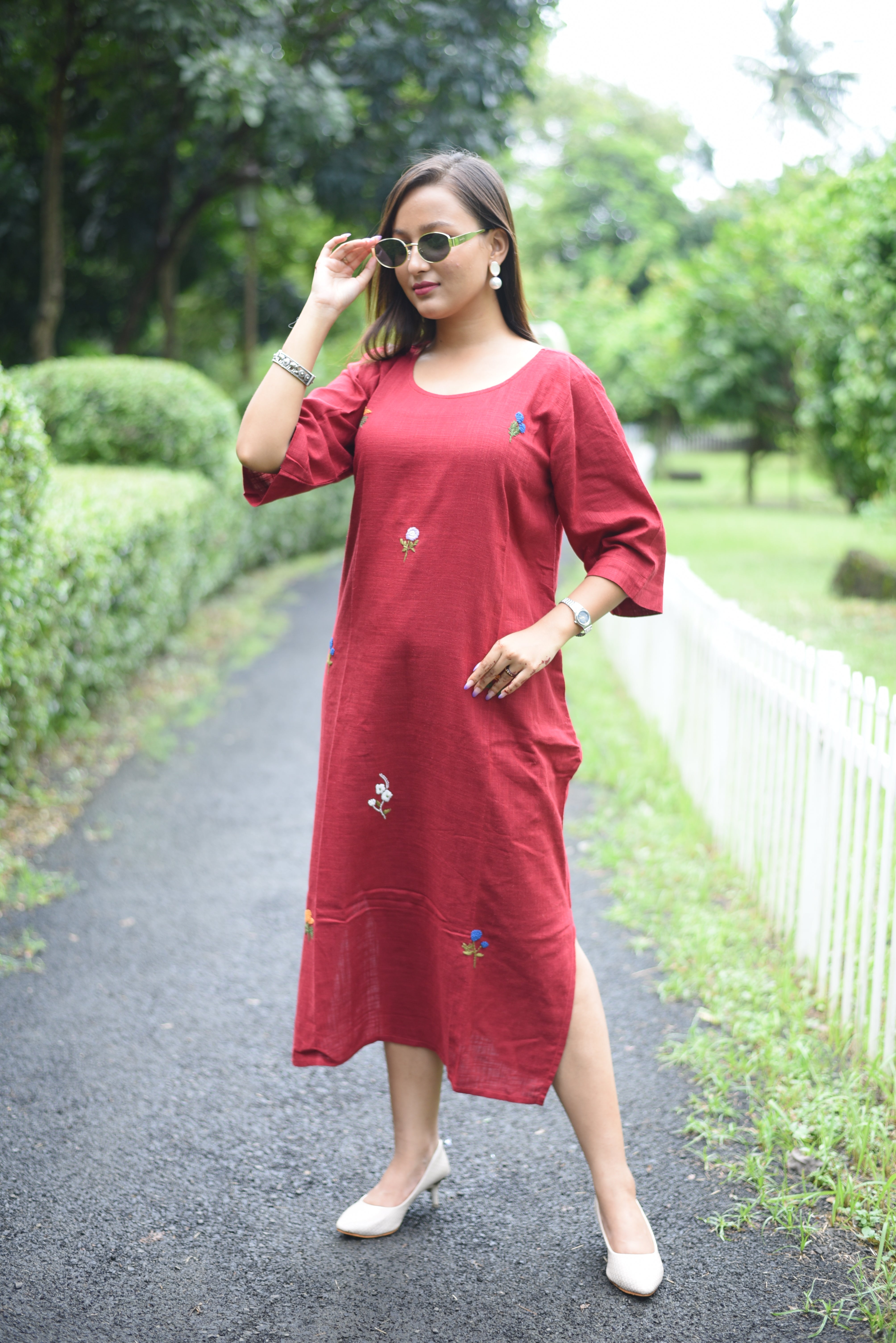 Red Hand Embroidered Cotton Midi Dress