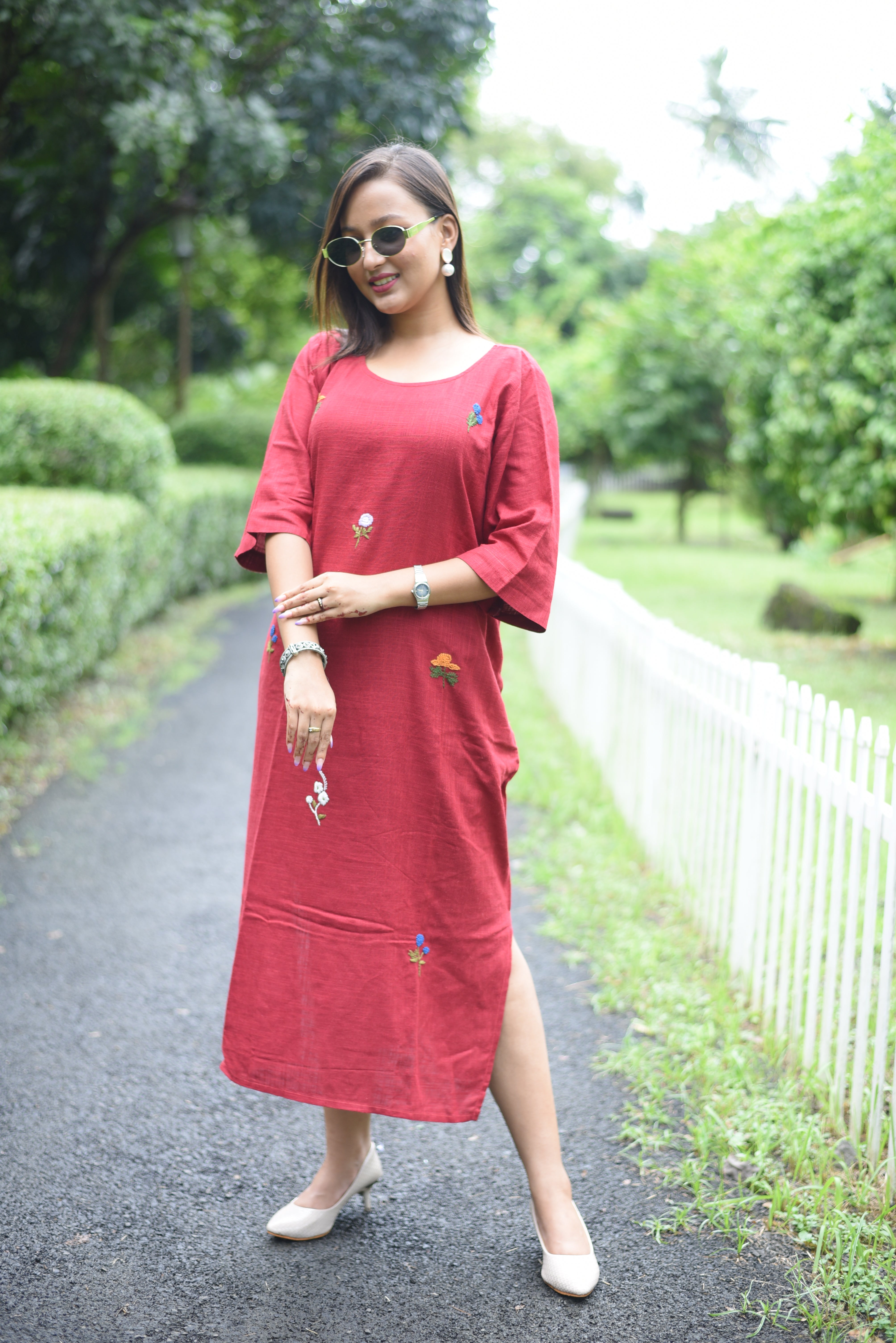 Red Hand Embroidered Cotton Midi Dress
