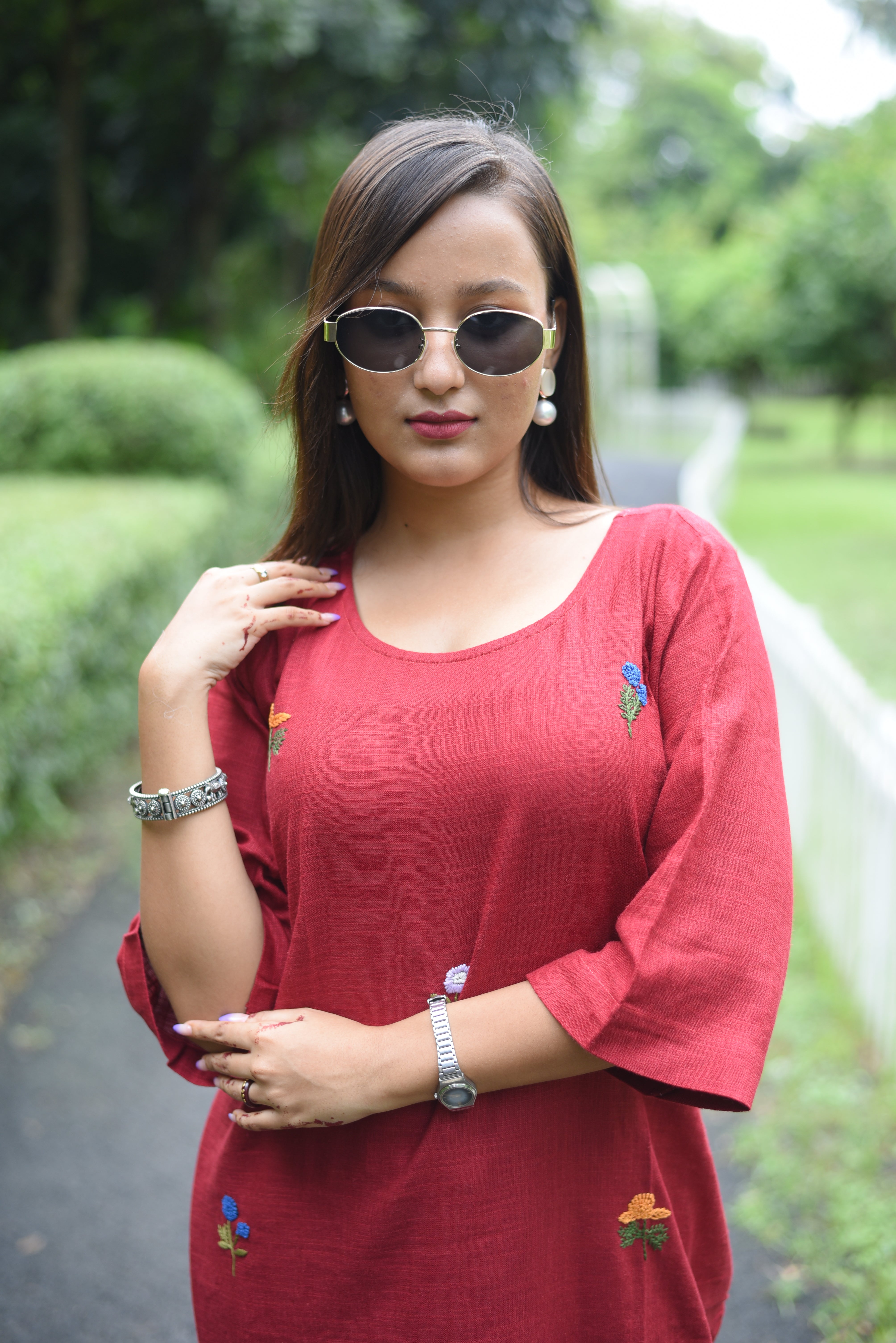 Red Hand Embroidered Cotton Midi Dress